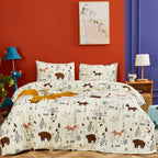 Clothknow Yellow Twin Comforter Set Animal 3Pcs Light Yellow Bedding Comforter Sets Kids Cartoon Comforter Soft Fox Rabbit Beige