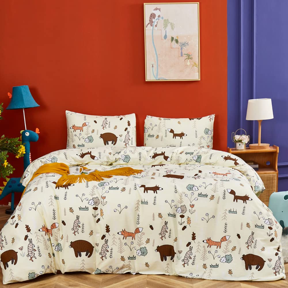 Clothknow Yellow Twin Comforter Set Animal 3Pcs Light Yellow Bedding Comforter Sets Kids Cartoon Comforter Soft Fox Rabbit Beige