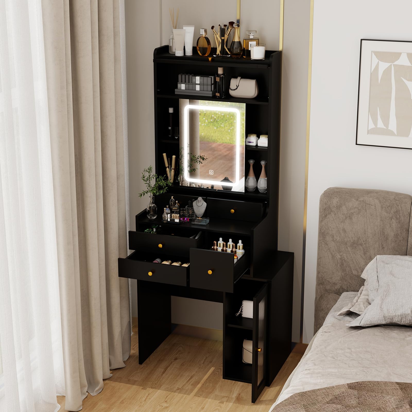 ARTETHYS Small Vanity Desk with Sliding Mirror and Lights Black Makeup Vanities Set with Drawers Compact Dressing Table with Cab