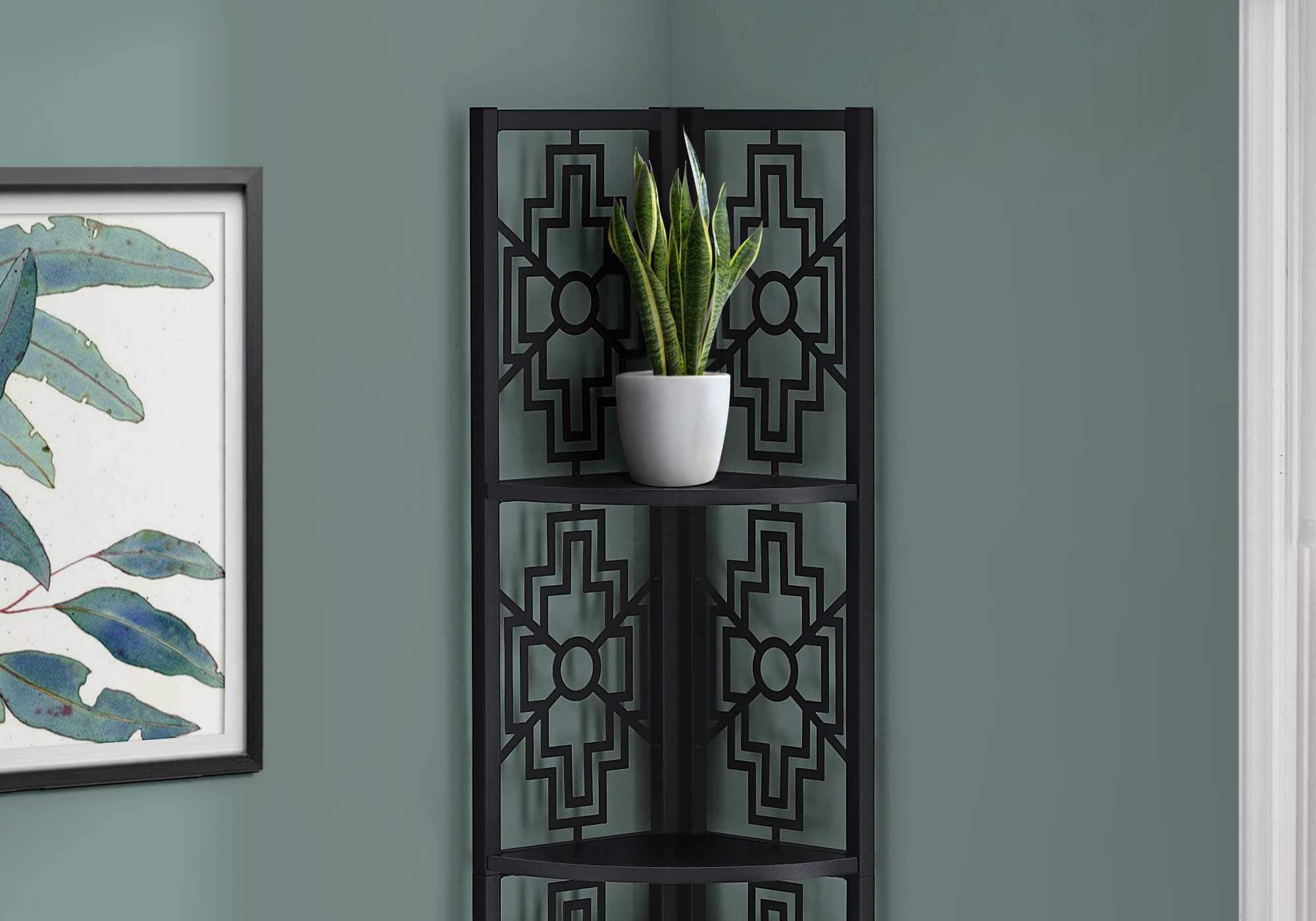 HomeRoots 62&quot; Bookcase with 4 Solid Black Shelves and Black Metal Corner Etagere