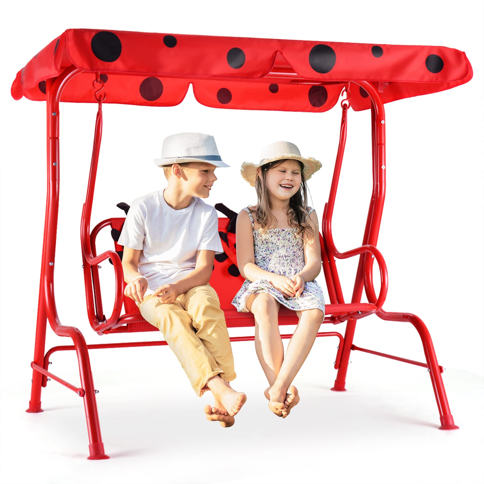 Costzon Patio Swing,All-Weather Porch Swing w/Safety Belt, 2 Seats Outdoor Lounge Chair Hammock w/Removable Canopy, Outdoor Swin