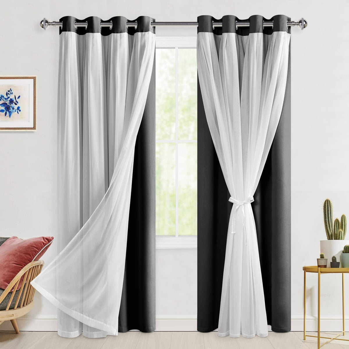 Hiasan Black Blackout Curtains with Sheer 84 Inches Long, Thermal Insulated Mix & Match Double Layer Room Darkening Curtains for
