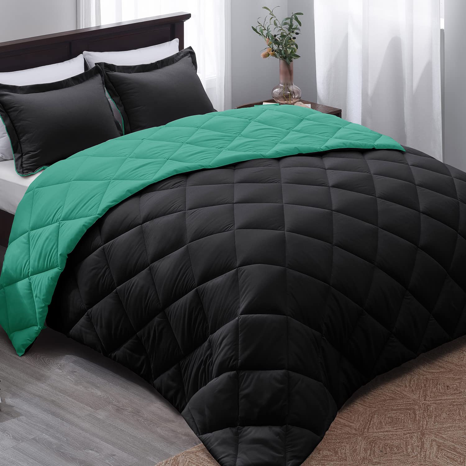 Basic Beyond King Size Comforter Set -   Green Comforter Set King, Reversible King Bed Comforter Set For All Seasons,   Black/Mi