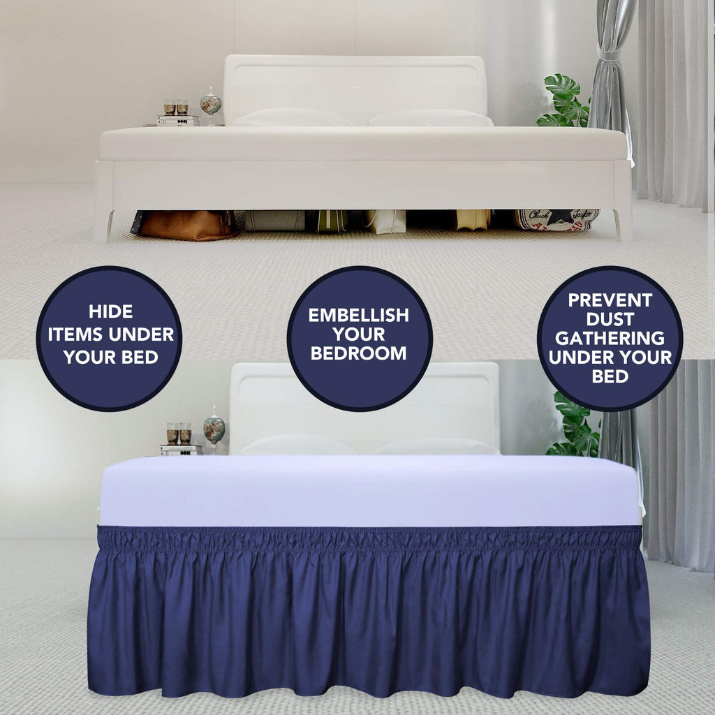 Purefit Wrap Around Ruffled Bed Skirt With Adjustable Elastic Belt - 18 Inch Drop Easy To Put On, Wrinkle Free Bedskirt Dust Ruffles, Bed Frame Cover For Twin,Twin Xl And Full Size Beds, Navy