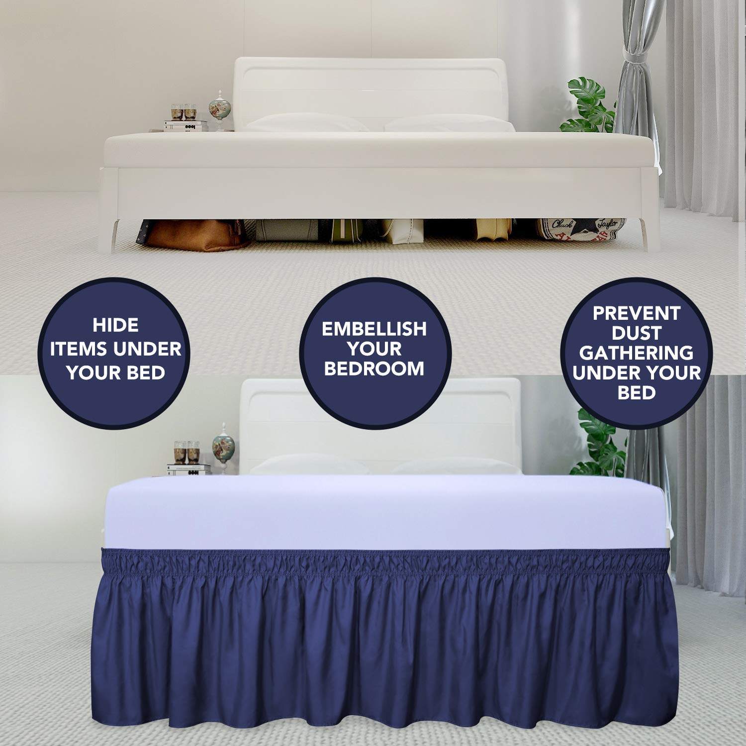 Purefit Wrap Around Ruffled Bed Skirt With Adjustable Elastic Belt - 18 Inch Drop Easy To Put On, Wrinkle Free Bedskirt Dust Ruffles, Bed Frame Cover For Queen, King And C-King Size Beds, Navy