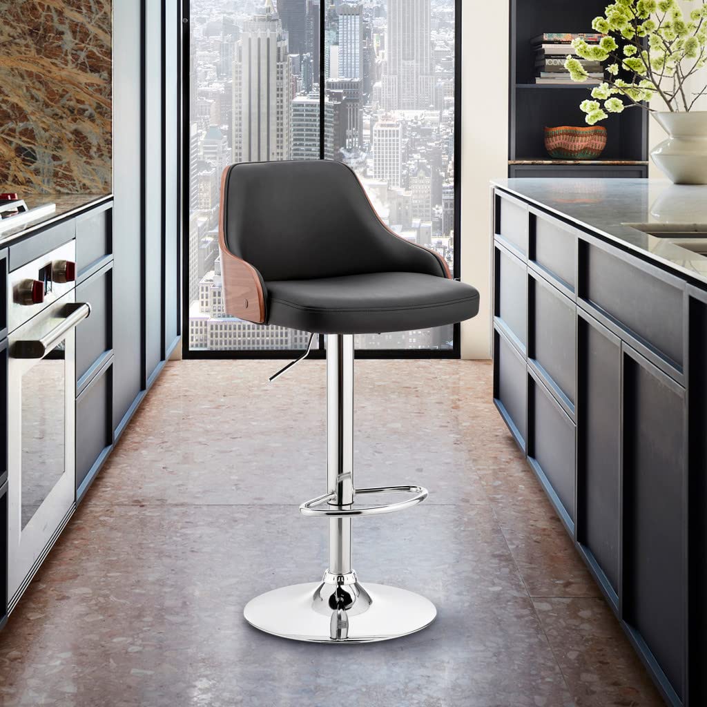 HomeRoots Metal/Plywood/Faux Leather Black Faux Leather Adjustable Modern Bar Stool