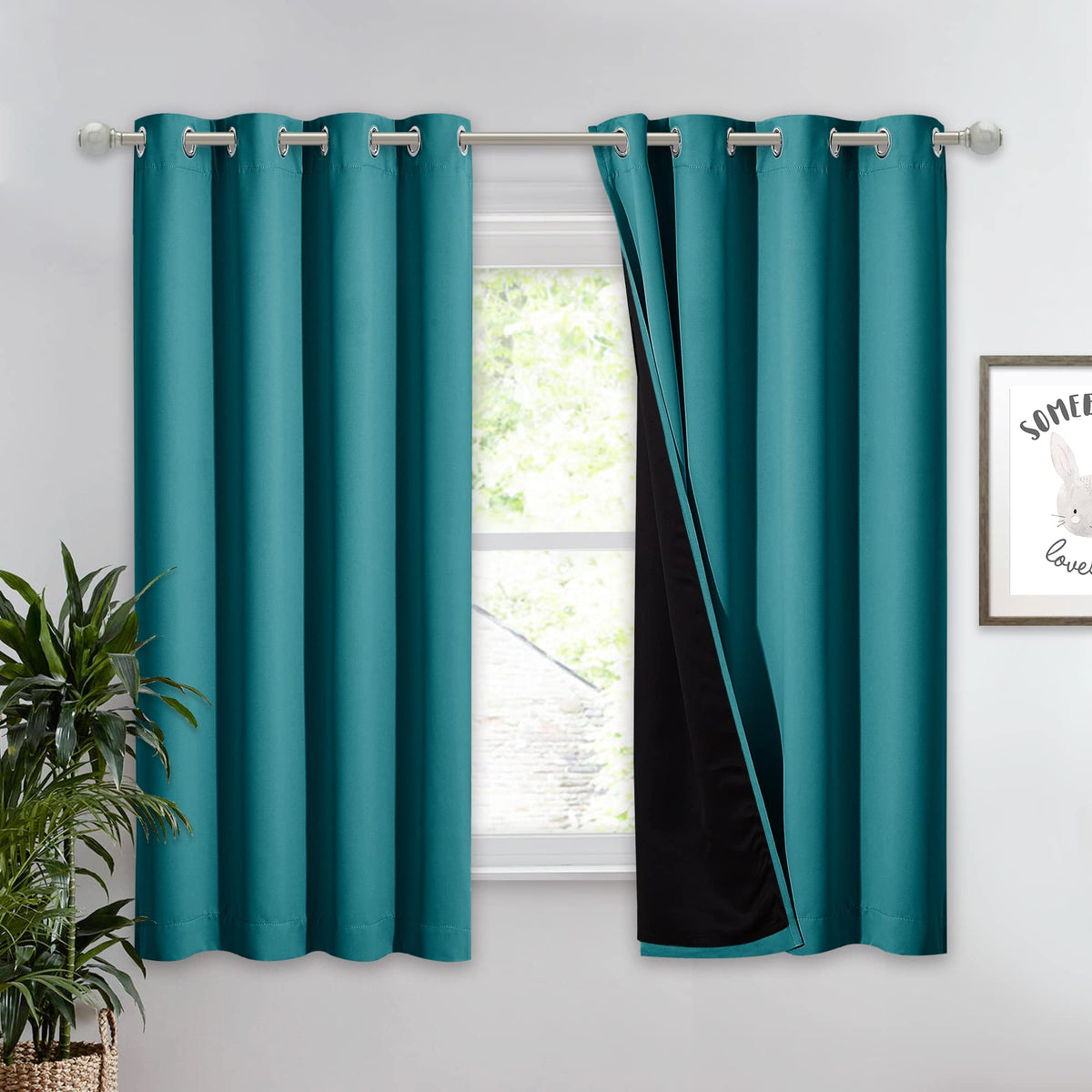 Nicetown Peacock Teal 100% Blackout Lined Curtain, 2 Thick Layers Completely Blackout Window Treatment Thermal Insulated Drape F