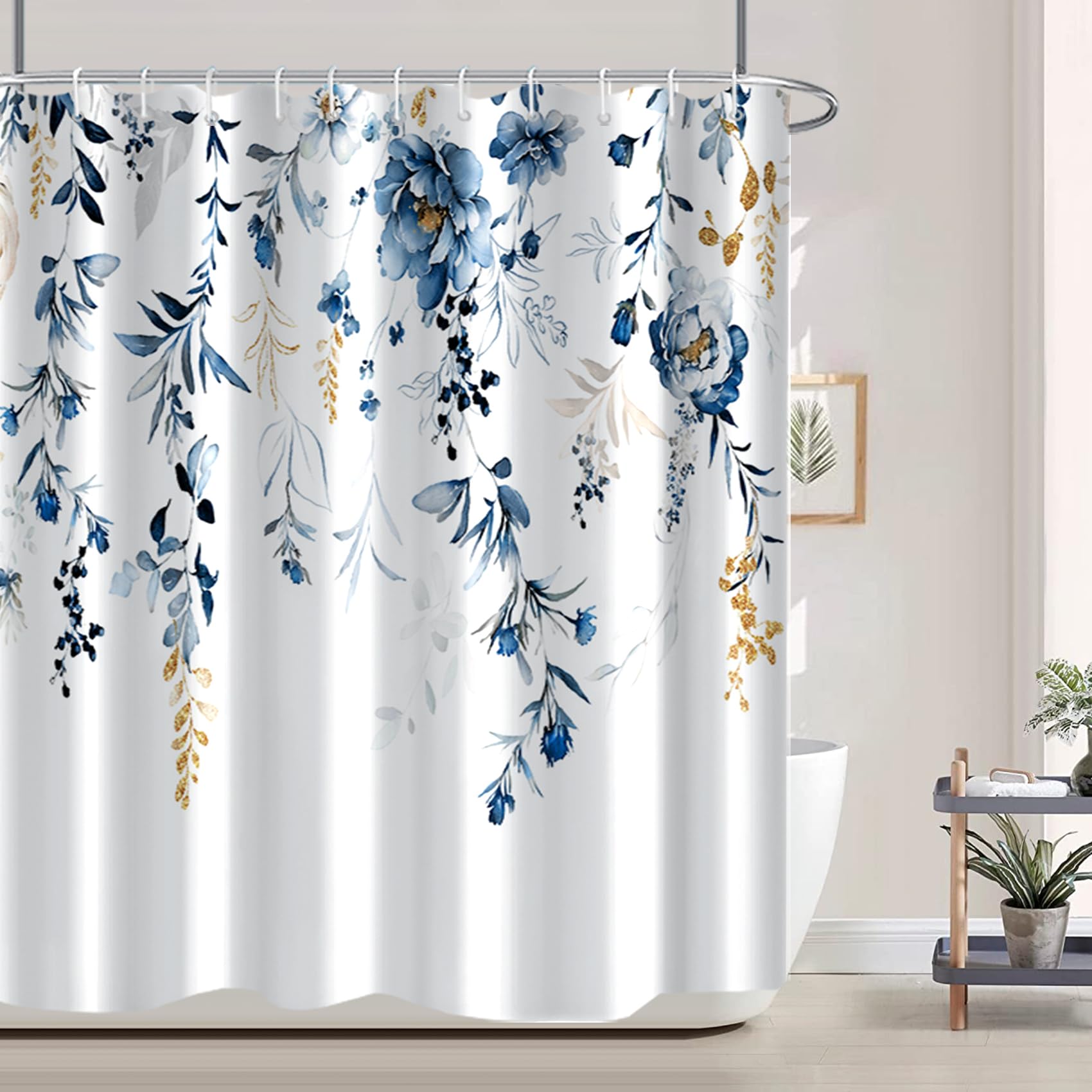AWERT Blue Plants Shower Curtain with Hooks Watercolor Leaves Shower Curtain for Bathroom Waterproof Bathroom Accessories Bathtu