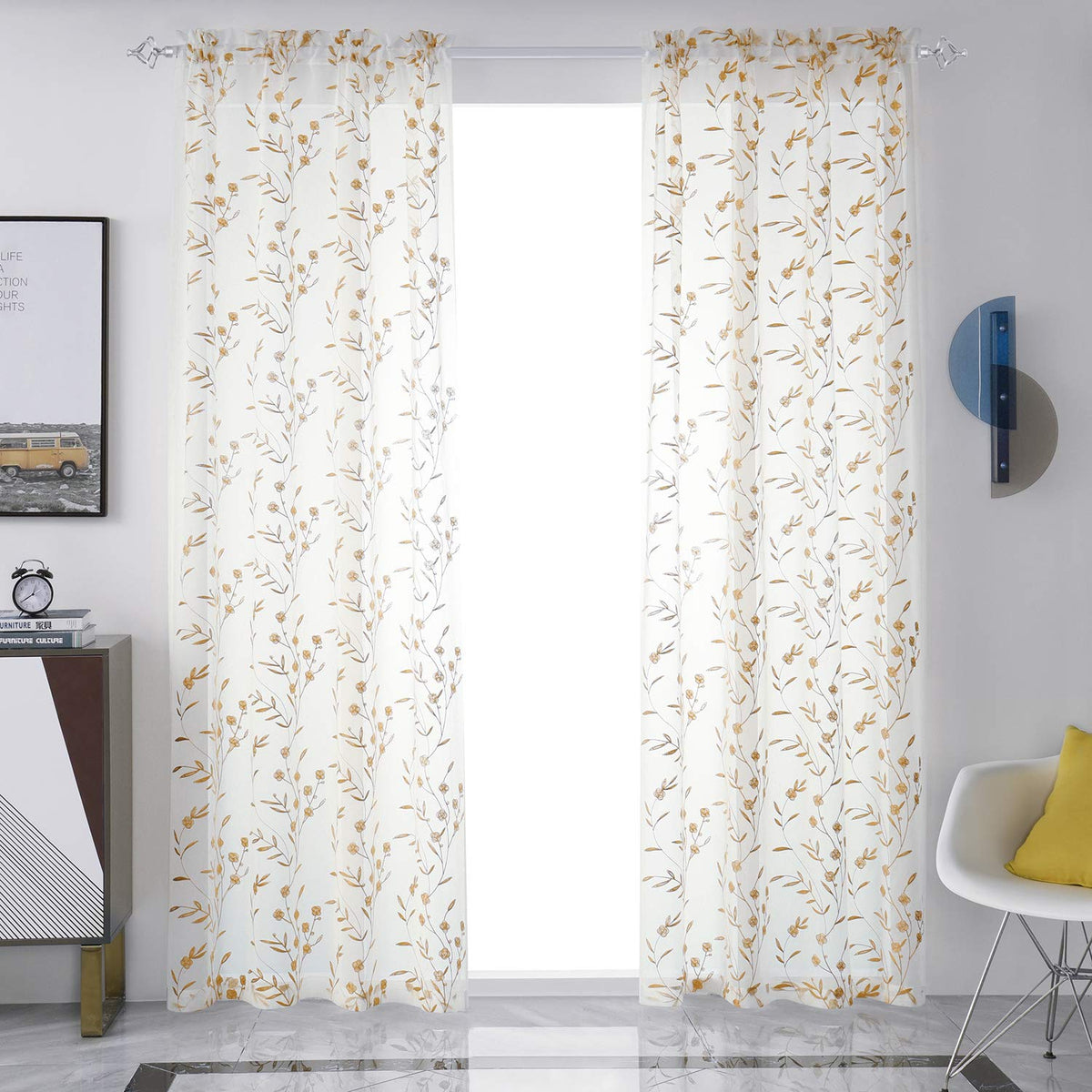 Embroidery Sheer Curtains Beige 95 Inches, Floral Pattern Window Treatments Rod Pocket Drapes For Living Room, Bedroom, Semi Voi