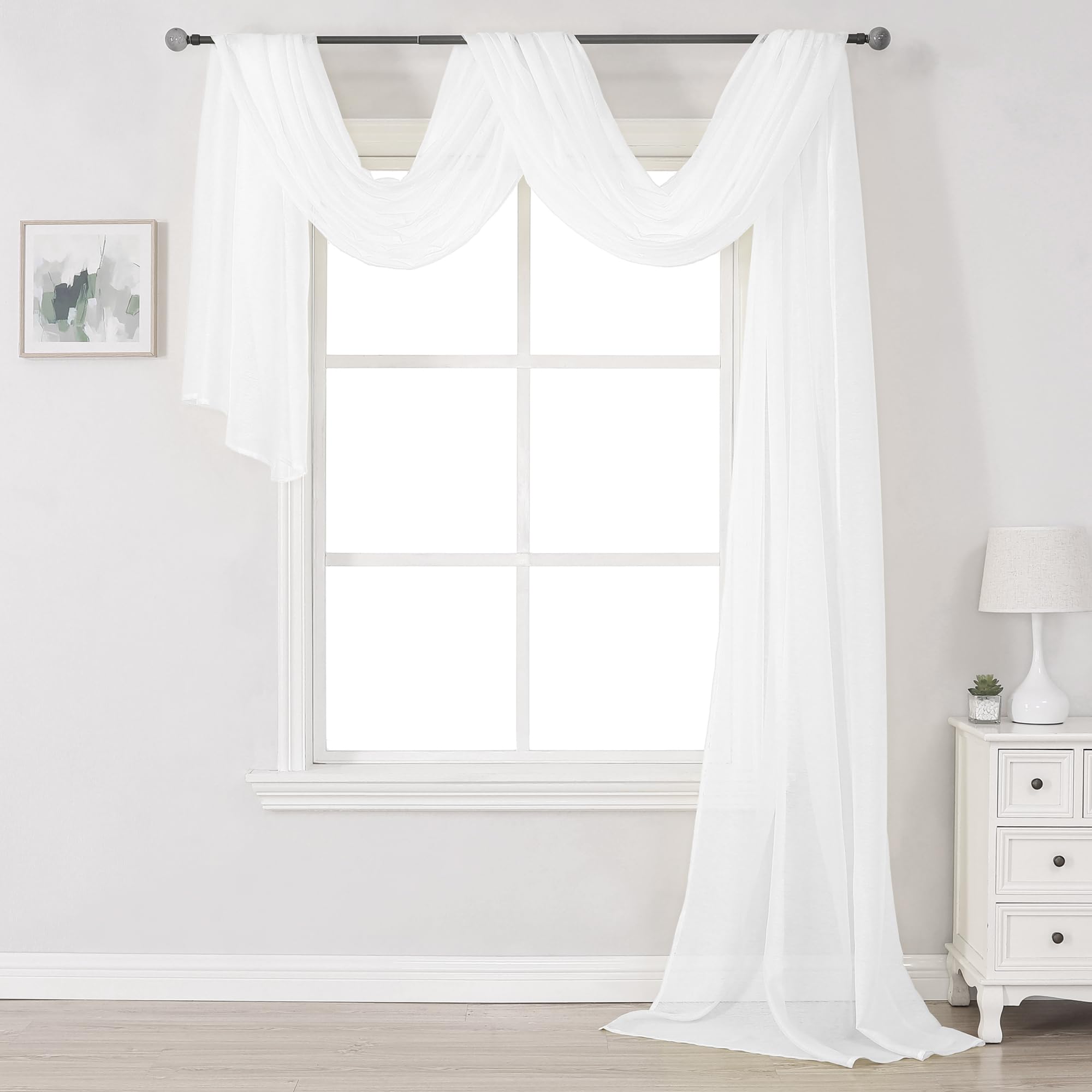 DONREN White Sheer Window Scarf Valance - Luxury Soft Semi Sheer Scarf for Window Wedding Arch Sheer Curtains Scarf (1 Panel,52 
