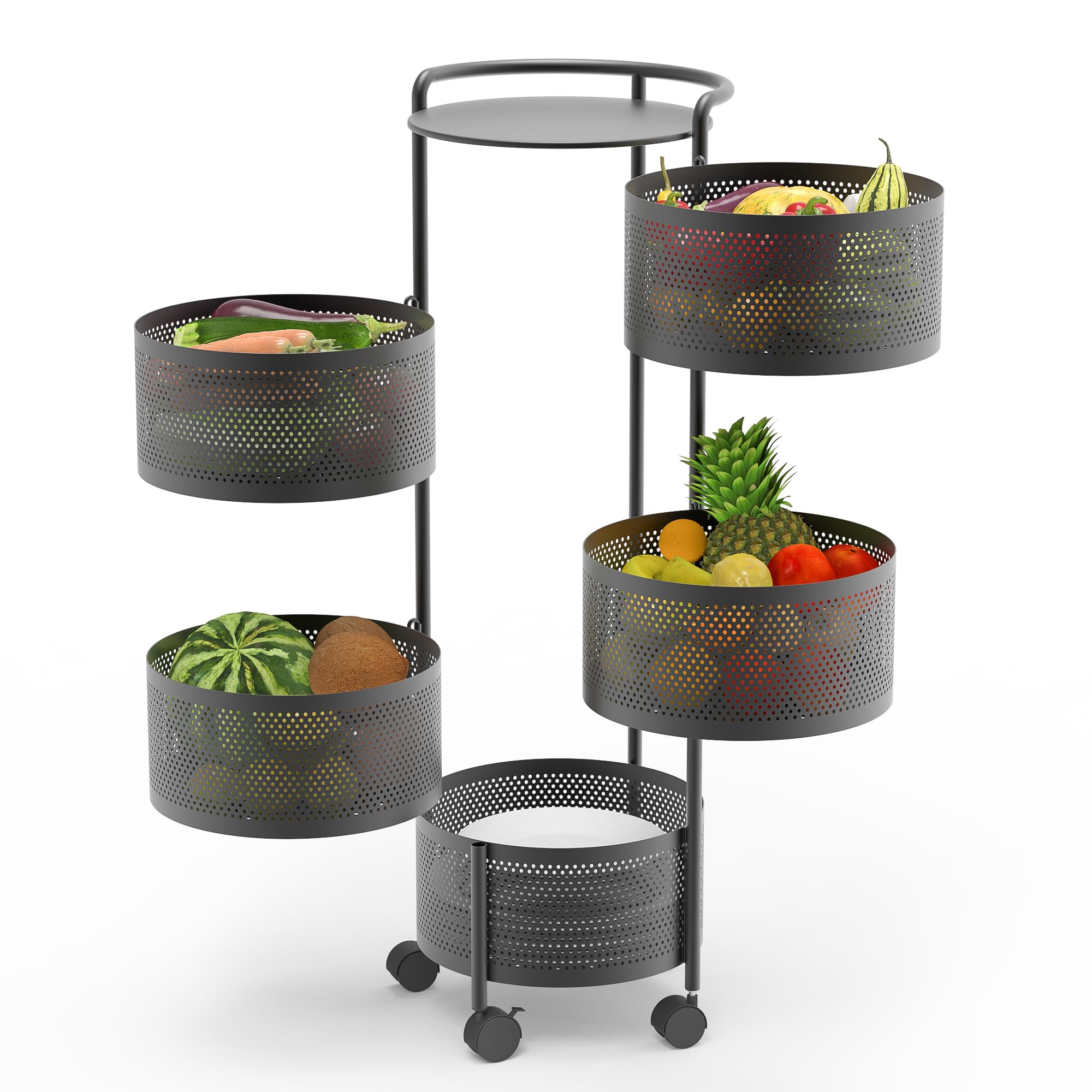 JAQ Rotating Fruit Basket, 5-Tier Metal Sturdy Kitchen Storage Rack Shelf Carts No Assembly on Rolling Wheels for Fruit Vegetabl