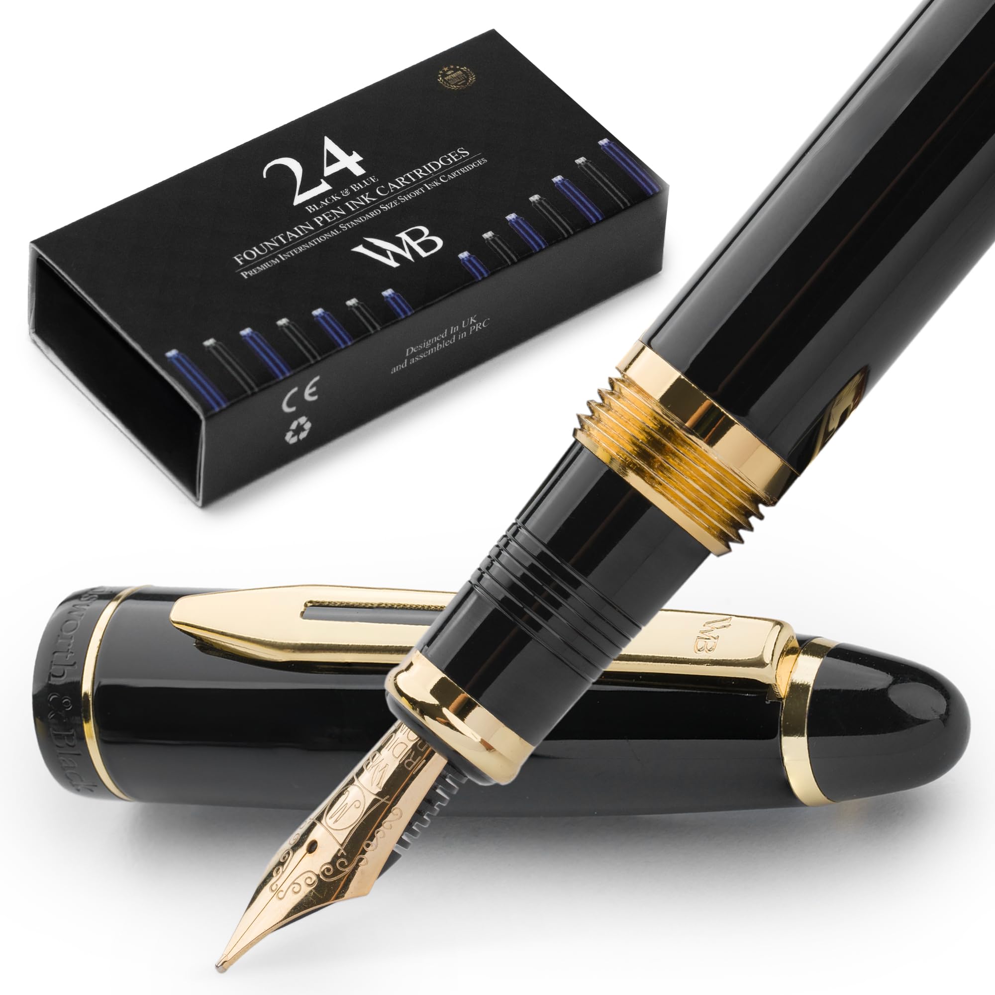Wordsworth & Black Majesti Fountain Pen-(Black), Luxury Case, Gold Finish; 18K Gilded Medium Nib- Ink Cartridges, Refillable Ink
