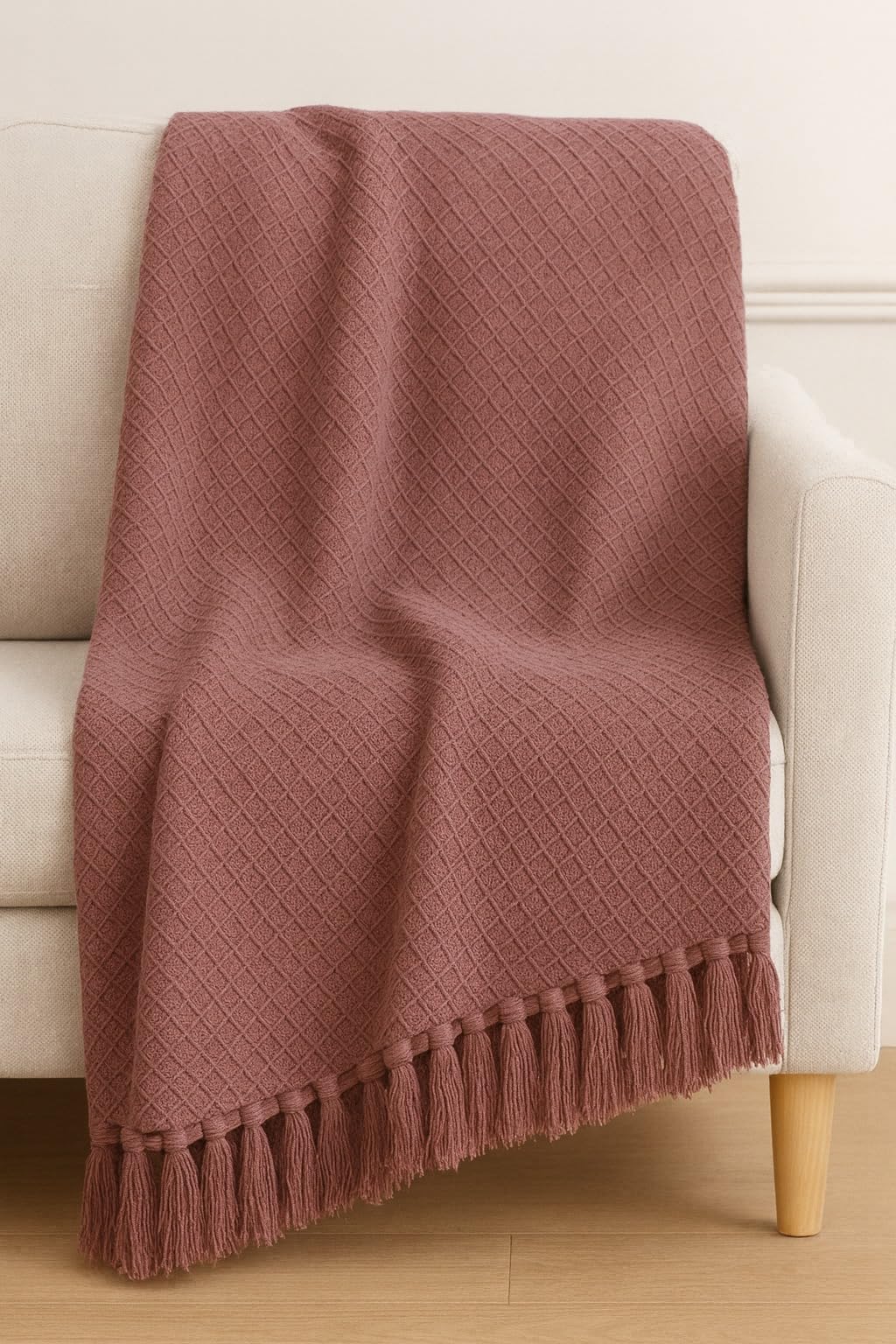 SAMAIR Decorative Winter Knit Throw Blanket, Orange Cotton, Diamond Waffle Pattern with Tassels, (Dusty Rose)