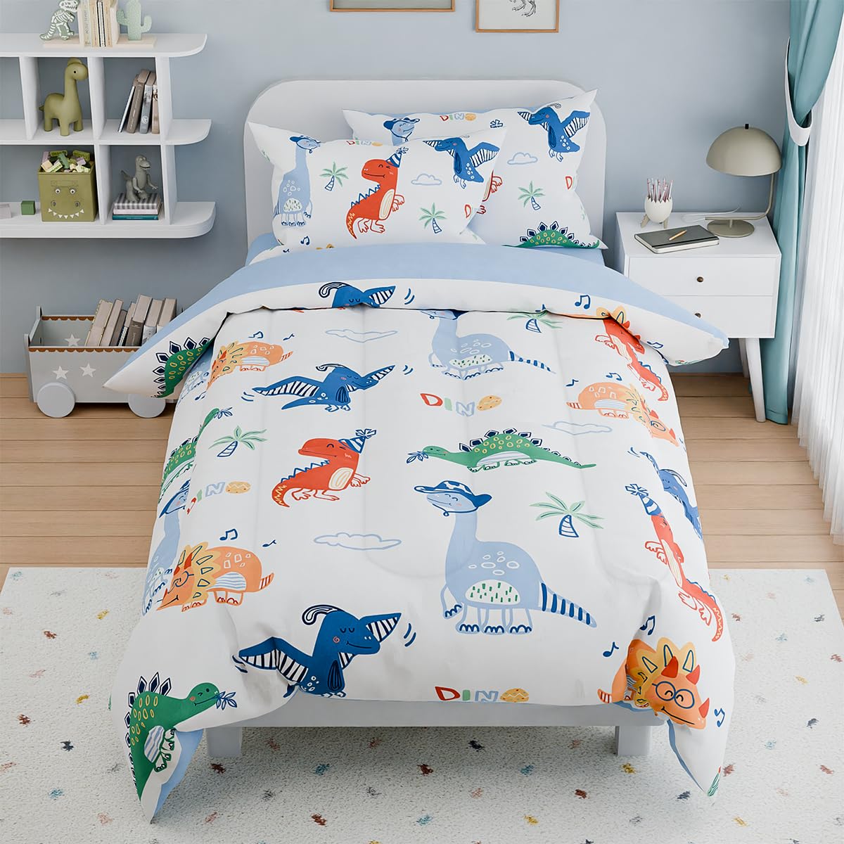 Sandjest Dinosaurs Bedding Full Set For Boys Kids Children, Ultra Soft Microfiber Comforter Set With 4-Pieces, Comforters Bed Se