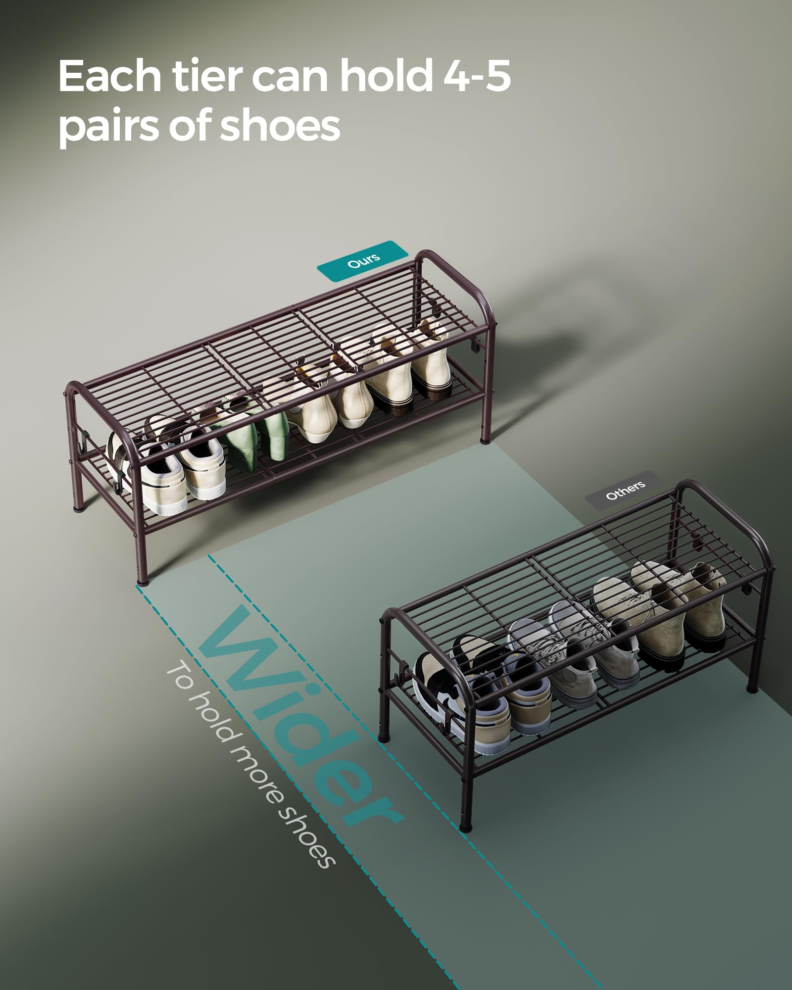 Songmics Shoe Rack, 2-Tier Shoe Organizer, Metal Shoe Shelf Storage With 4 Side Hooks, Holds 10 Pairs Of Shoes, Height-Adjustable Shoe Rack For Entryway, Hallway, Closet, Easy Assembly, Chestnut Brown