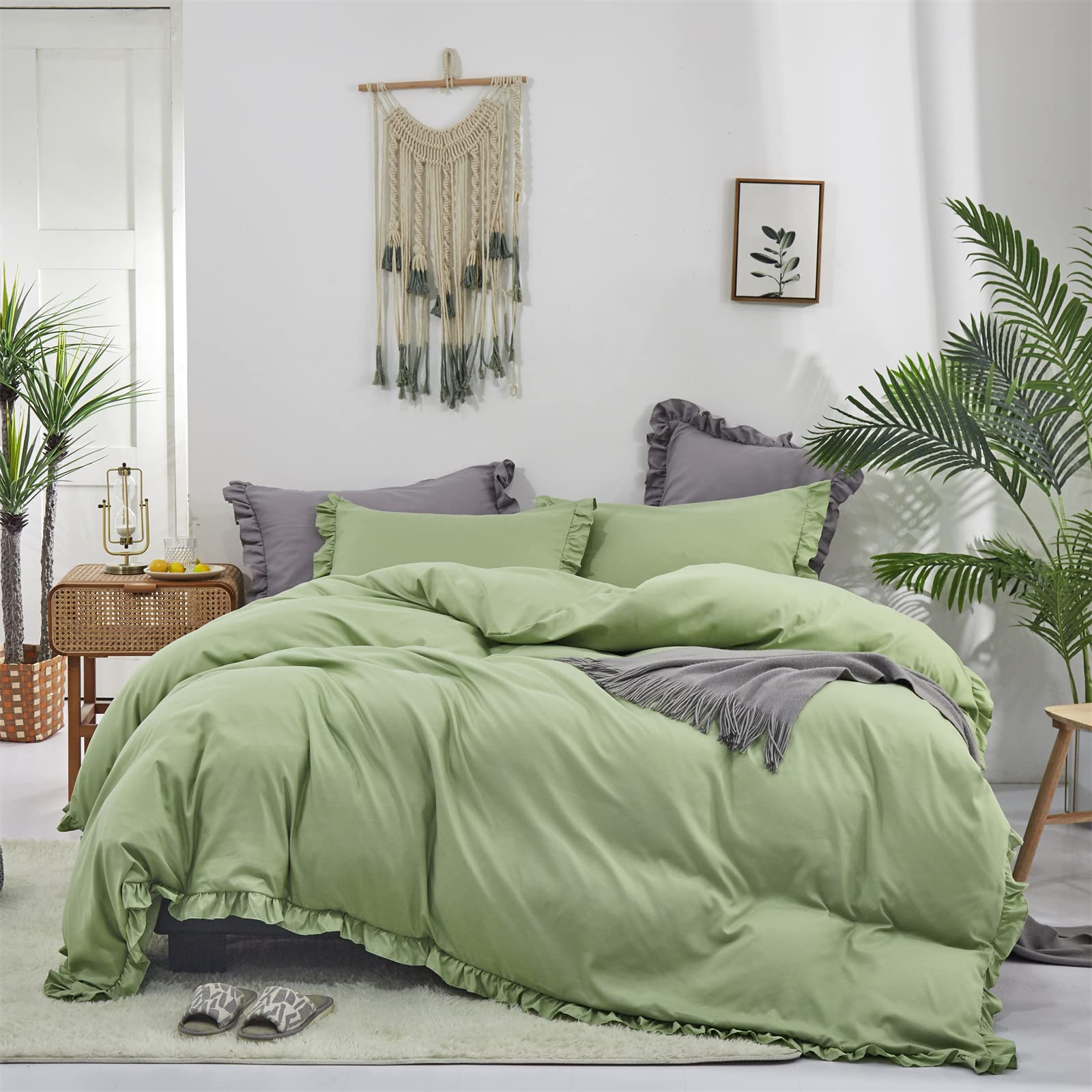Clothknow Sage Green Ruffles Comforter Set Queen 3Pcs Green Bedding Comforter Sets Green Queen Comforter Soft Light Green Queen