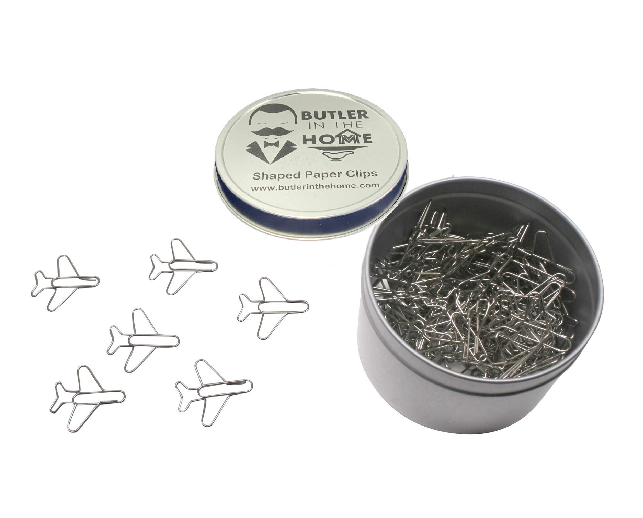 Butler In The Home 100 Count Airplane Shaped Paper Clips Office Gift - Round Tin With Lid - (Silver)