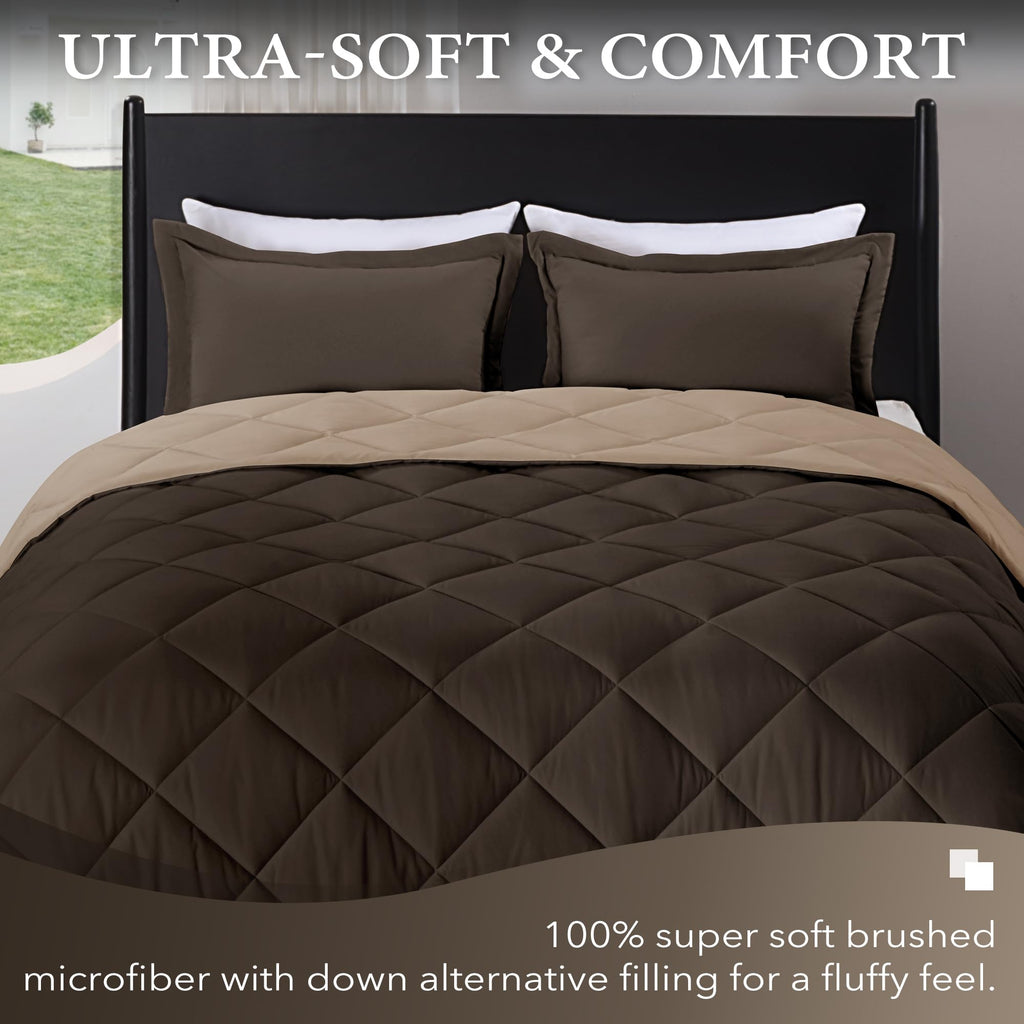 Downluxe Full Size Comforter Set - Brown And Tan Full Comforter - Soft Bedding Sets For All Seasons -3- Piece Comforter Set Full With 2 Reversible Pillow Shams