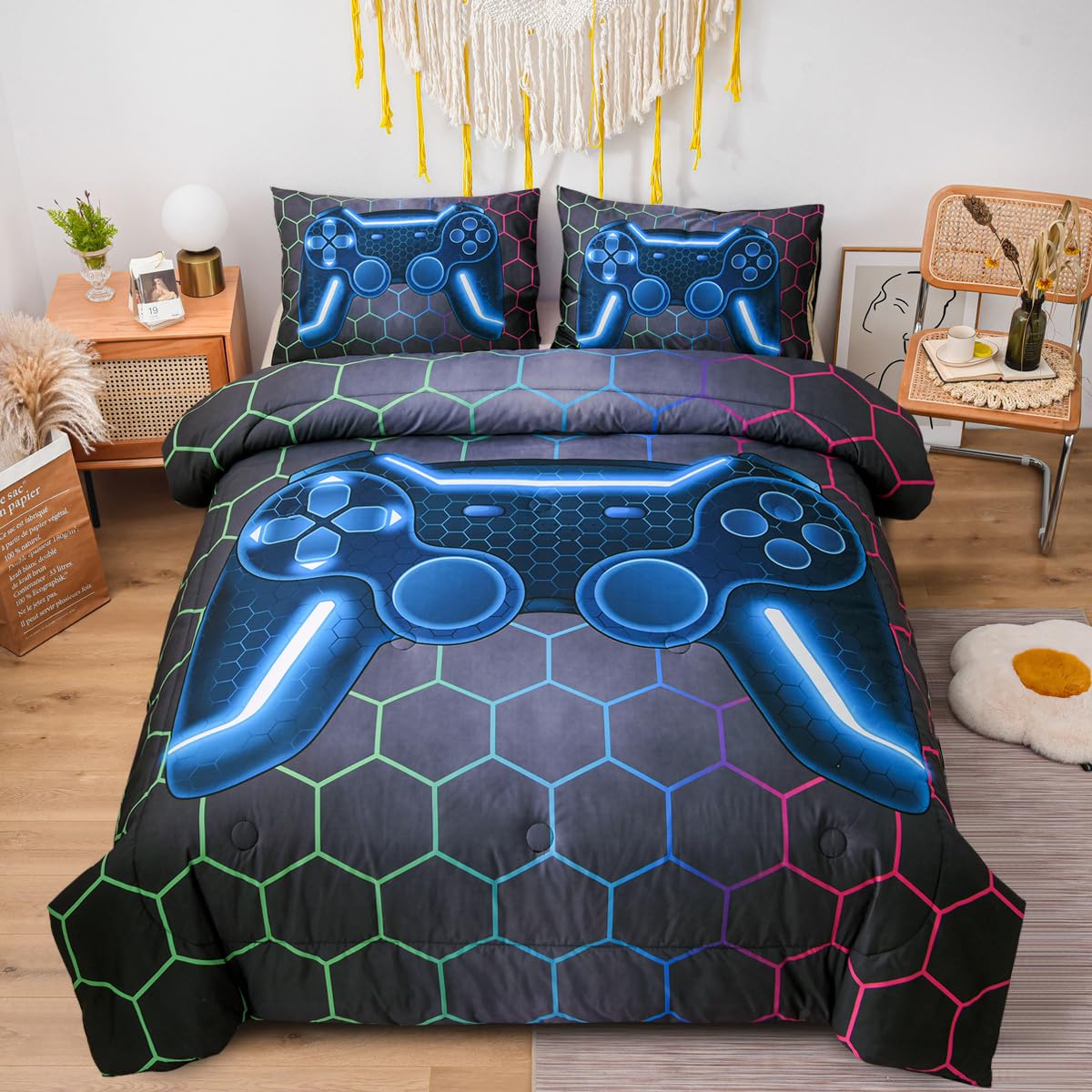 NTBED Game Console Comforter Set for Boys Girls Kids Geometric Gaming Lightweight Microfiber Gamer Bedding Sets (Multi, Full 5Pc