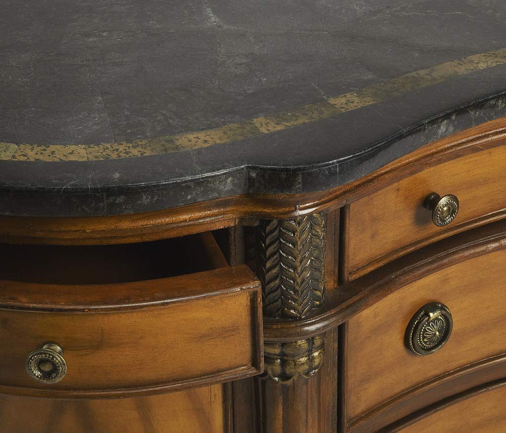 HomeRoots Multi-Color Wood Traditional Style Carved Credenza with Black Fossil Stone Top