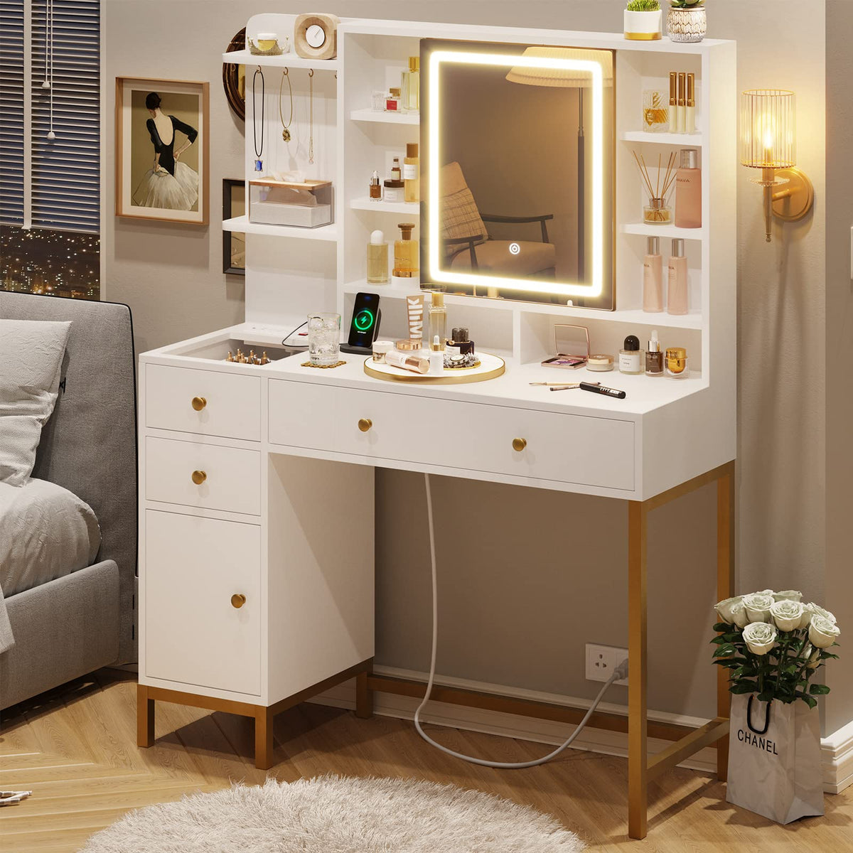 VIAgDO Makeup Vanity with Lights, Desk Openable Mirror & 3-color Dimmable, White Table charging Station, Visual Drawer, Hooks, H
