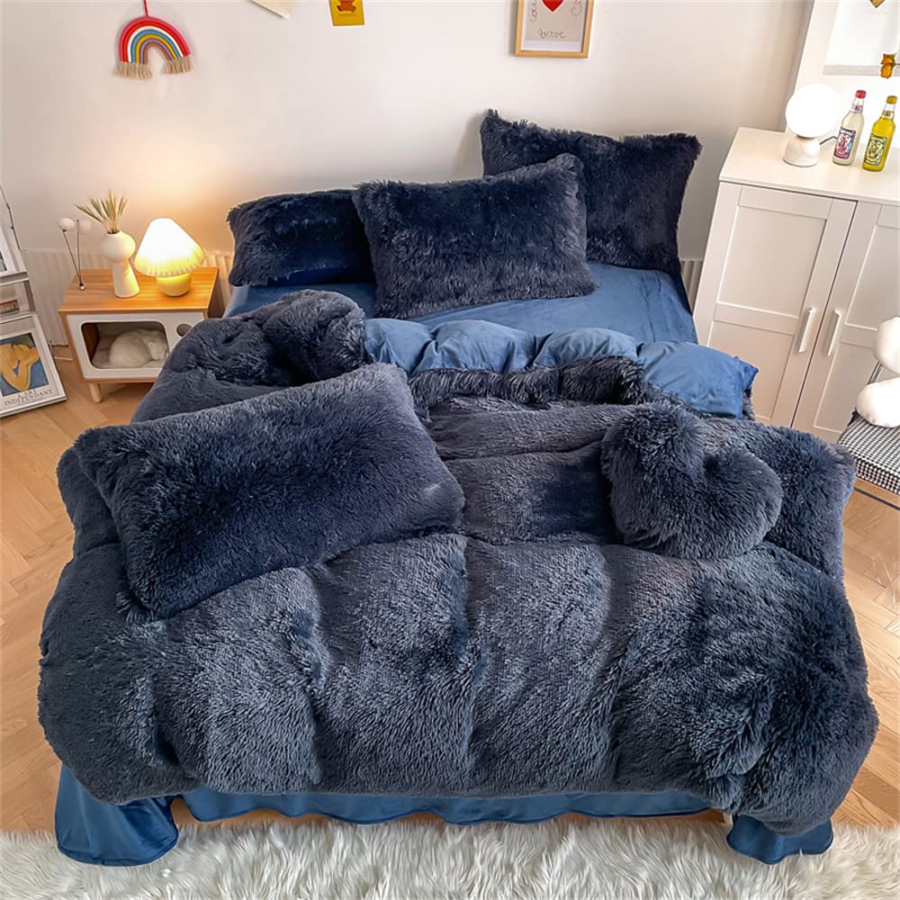 chovy Faux Fur Plush Navy Blue Comforter Sets Twin/Full Size - Ultra Soft Shaggy Flannel Velvet Fluffy Fuzzy 3PC Bedding Set (Co