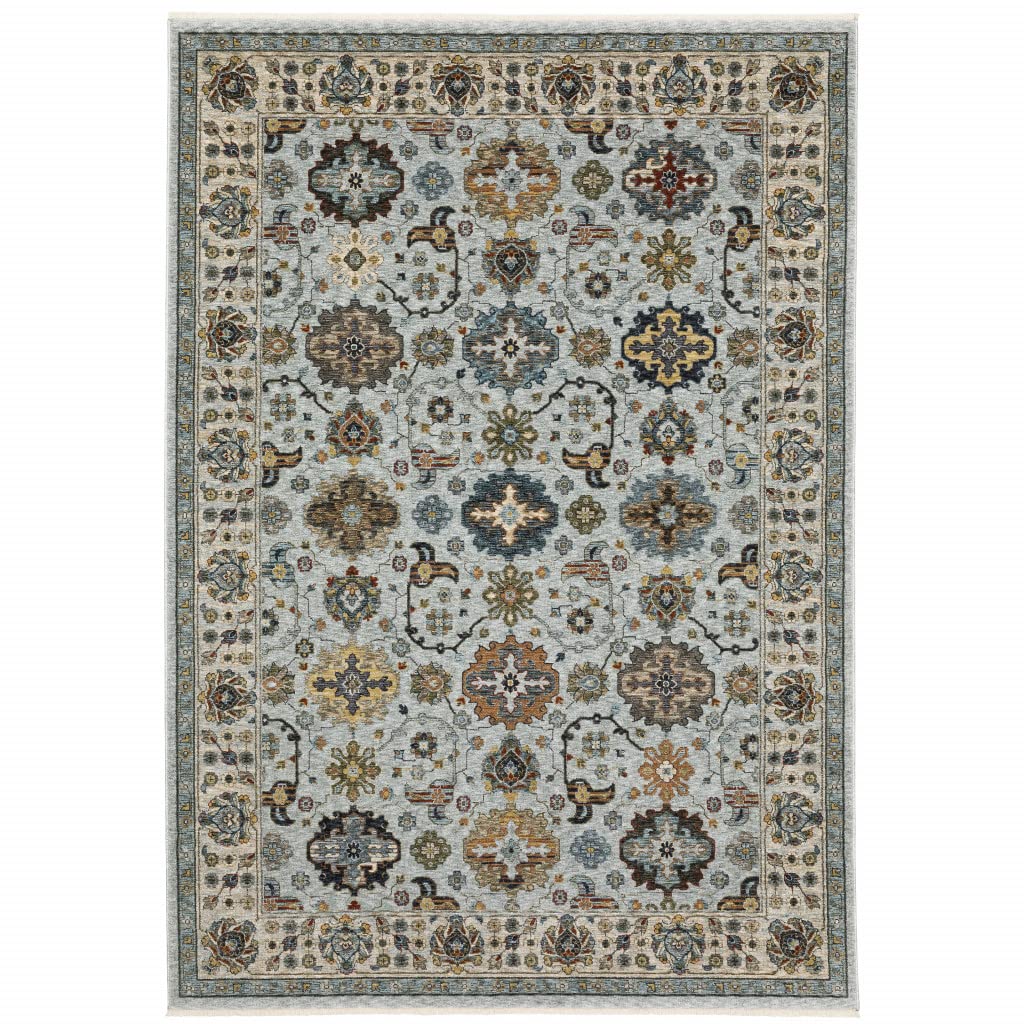 HomeRoots 508015 8 x 11 ft. Blue Beige Gray Green Yellow & Rust Oriental Power Loom Stain Resistant Rectangle Area Rug with Fringe