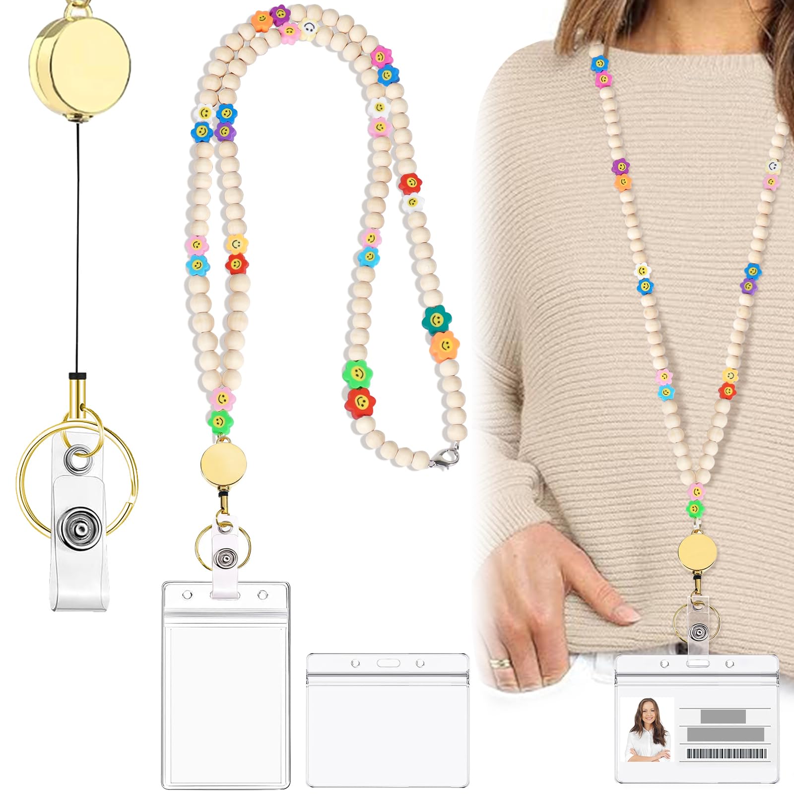 Wooden Beaded Lanyard with Id Holder Retractable Breakaway Lanyard for Id Badges, Cruise Ship Cards, Keychain - Personalized Wom