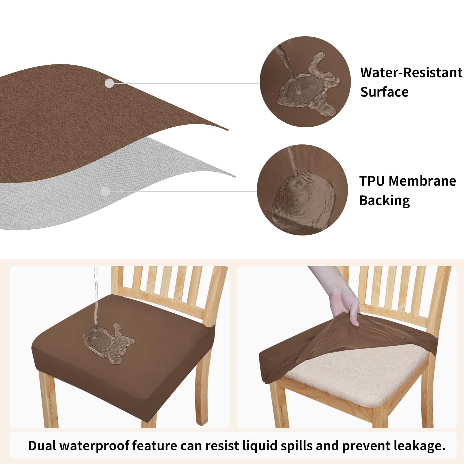 Easy-Going 100% Waterproof Seat Covers For Dining Room Chairs Set Of 4, Stretch Chair Seat Slipcovers Protector Removable And Washable Kitchen Dining Chair Covers, Brown