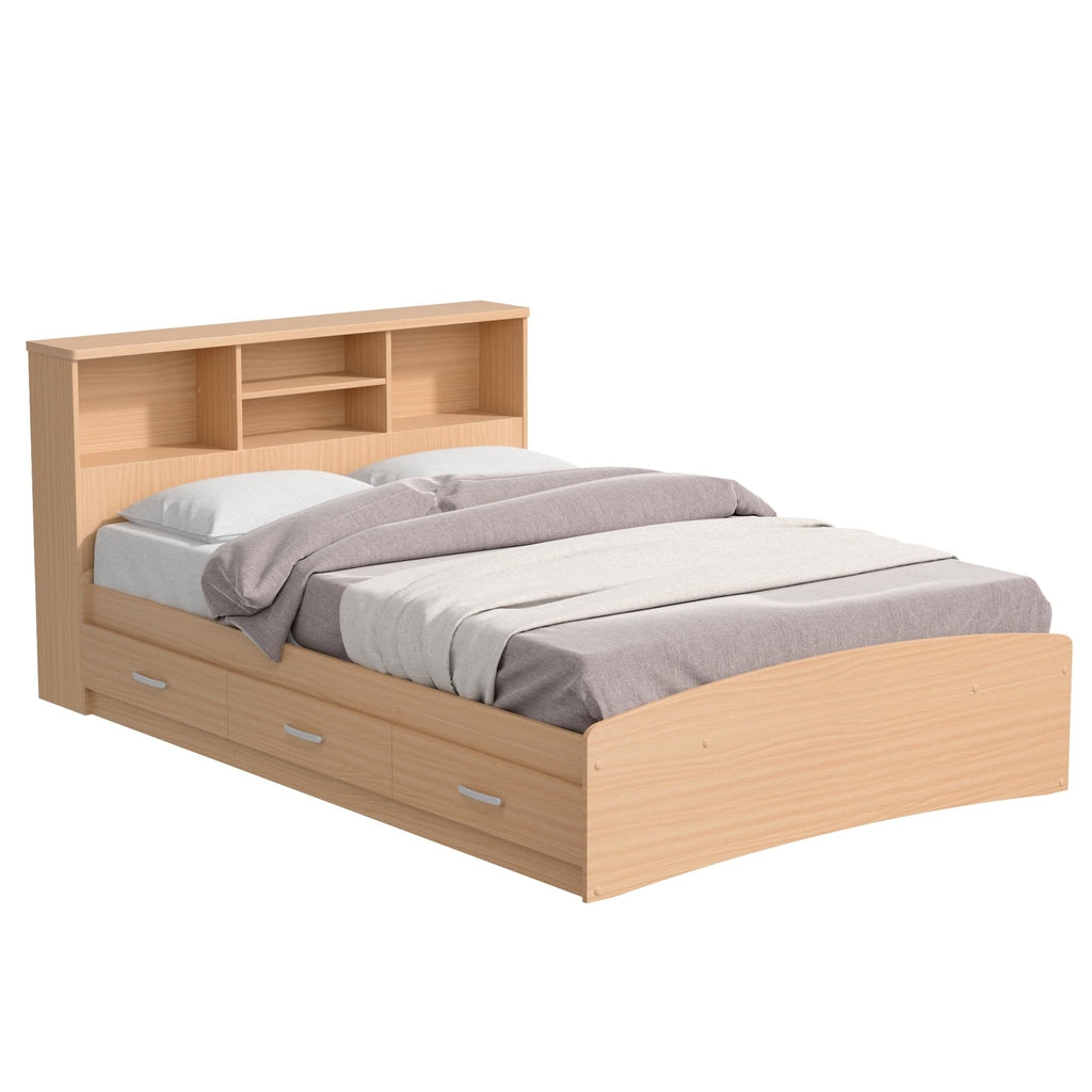 Bed with 3 Drawers and Bookcase Headboard (Beech, Full)