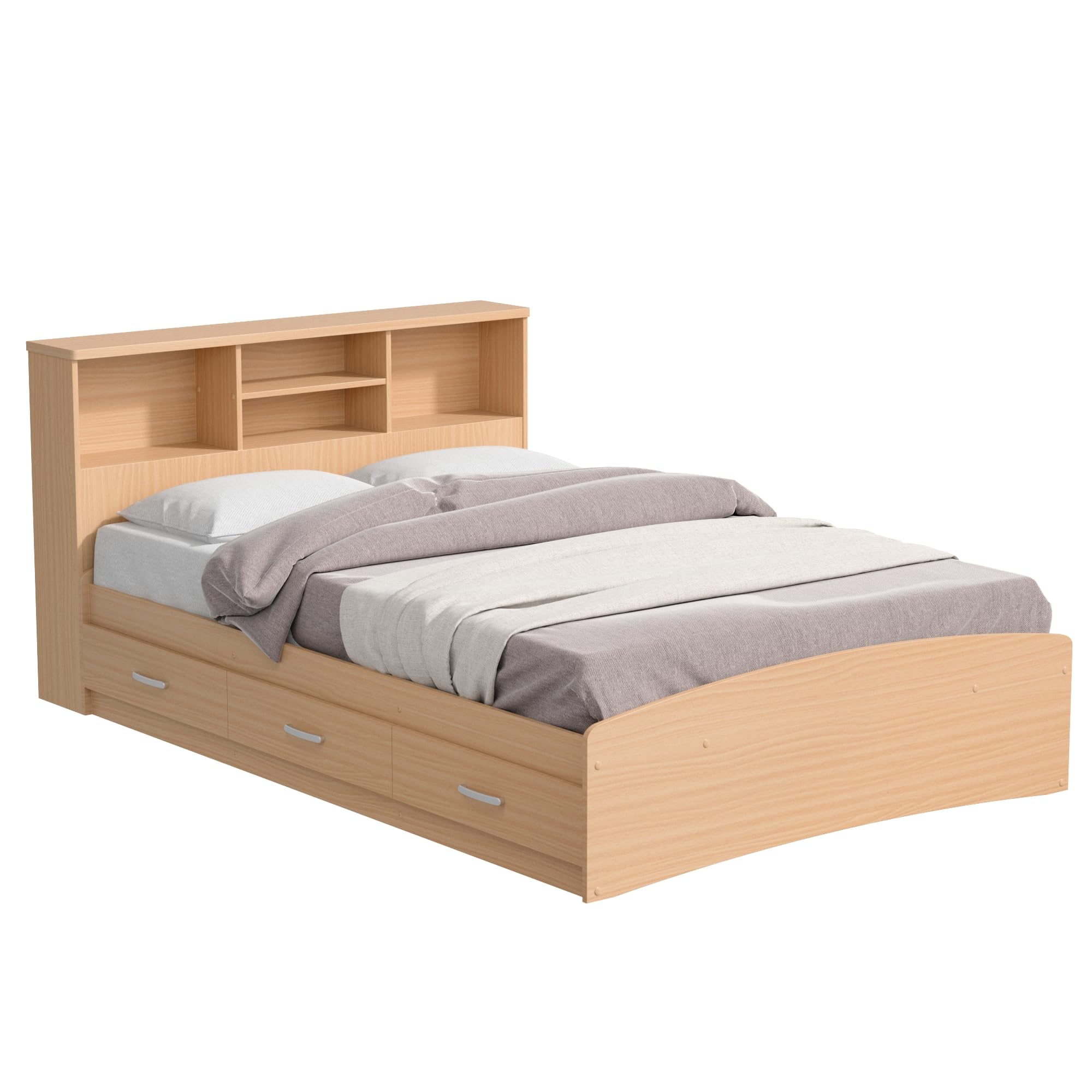 Bed with 3 Drawers and Bookcase Headboard (Beech, Full)