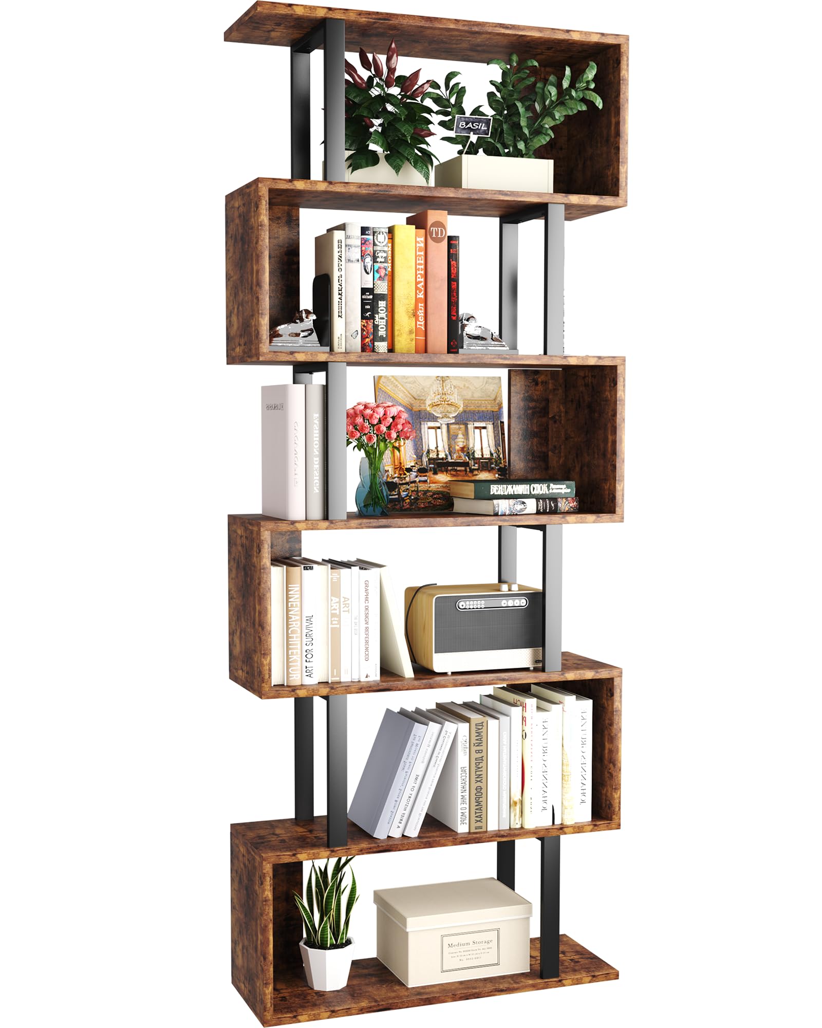 Yusong Geometric Bookcase, S Shaped Bookshelf 6-Tier Book Shelves For Bedroom, Modern Wood Decorative Display Shelf Tall Book Case For Home Office, Bown And Black