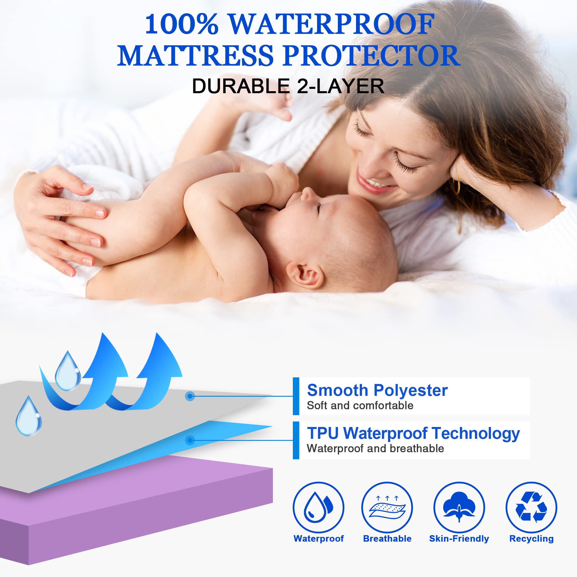 Sufdari Mattress Protector,Waterproof Mattress Cover Queen,18' Deep Pocket Mattress Protector,Fitted Sheet Style With Elastic Rubber Band,Washable And Easy Care-Purple,Queen