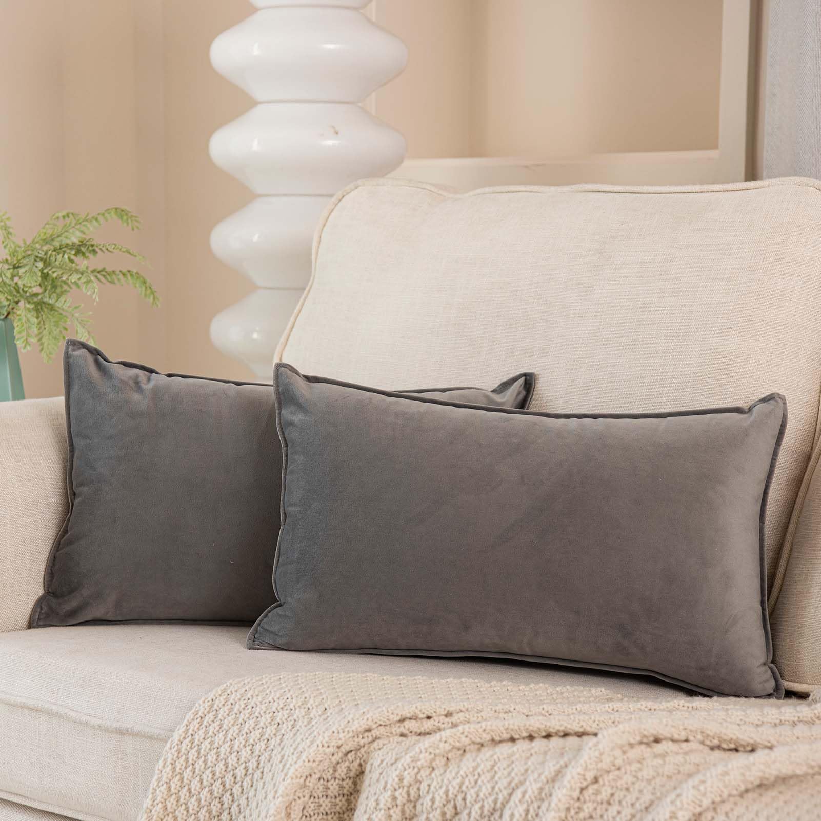 Juspurbet Grey Decorative Lumbar Velvet Throw Pillow Covers 12X20 Inch Set Of 2,Broadside Soft Cushion Case With Invisible Zippe
