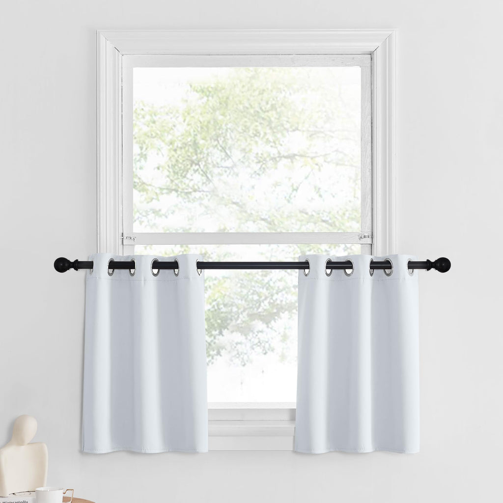Nicetown Greyish White Tiers Room Darkening Valances - Energy Efficient Kitchen Grommet-Top Kitchen Curtain Panels For Short Windows (2-Pack, W42 X L18 Inches, Platinum-Greyish White)