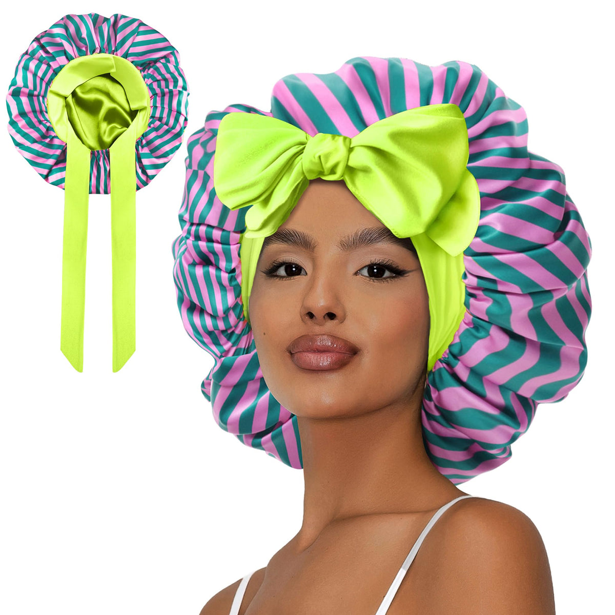 Vettres Satin Bonnet for Curly Hair Silk Sleeping Bonnet Double Layer Satin Bonnet with Tie Hair Cap for Sleep Red Green Stripes