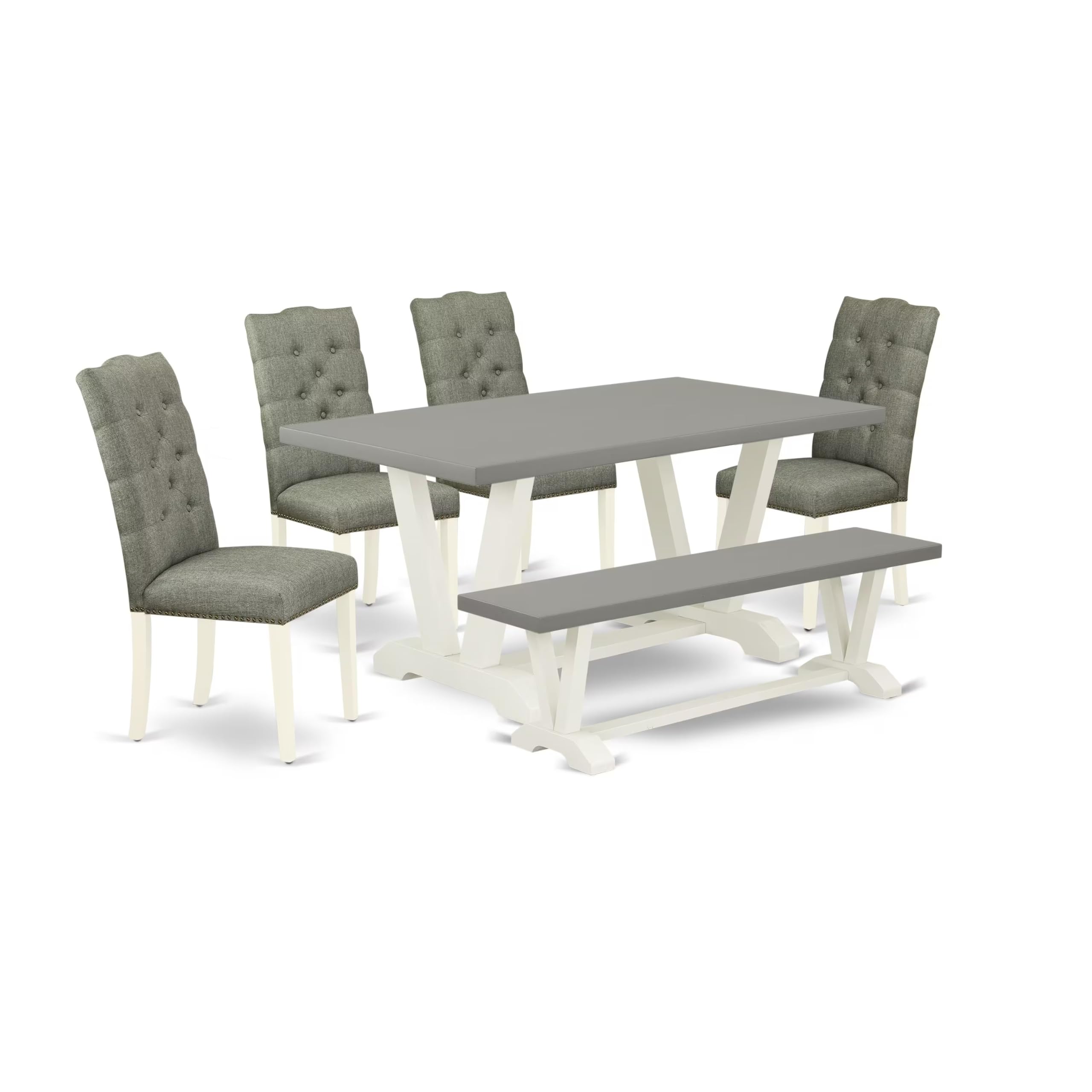 East West Furniture V096El207-6 6 Piece Dining Table Set Contains A Rectangle Table With V-Legs And 4 Gray Linen Fabric Upholstered Chairs With A Bench, 36X60 Inch, Multi-Color