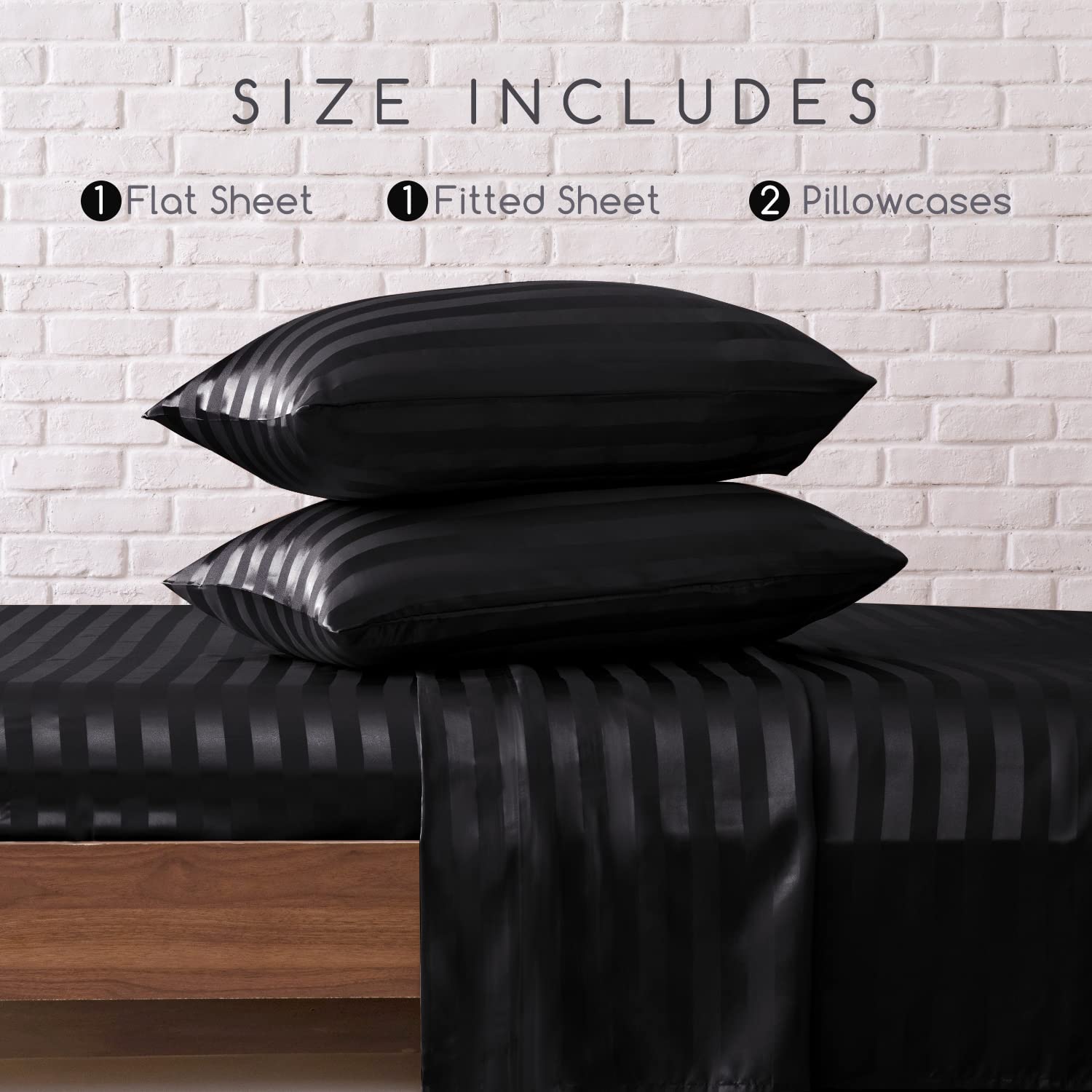 Mr&Hm Satin Bed Sheets, King Size Sheets Set, 4 Pcs Silky Bedding Set With 15 Inches Deep Pocket For Mattress(King, Black Stripe
