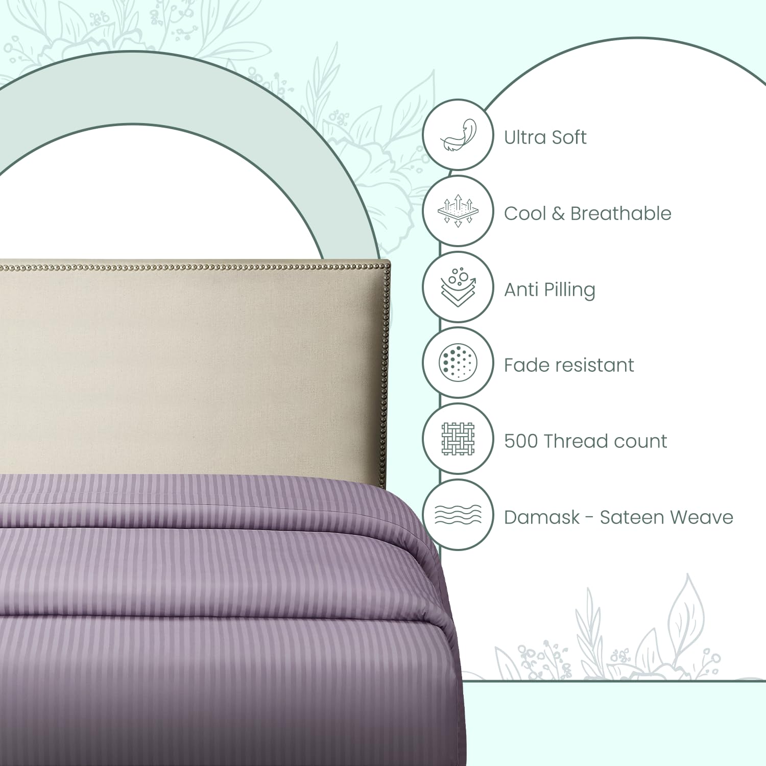 Feather & Stitch 1 Pc Fitted Sheet California King Size, 100% Cotton Damask Sateen Weave, Striped Breathable, Stretchable Elastic Sheet For Mattress 18 Inch Deep Pocket, 500Tc Ultra Soft - Lavender
