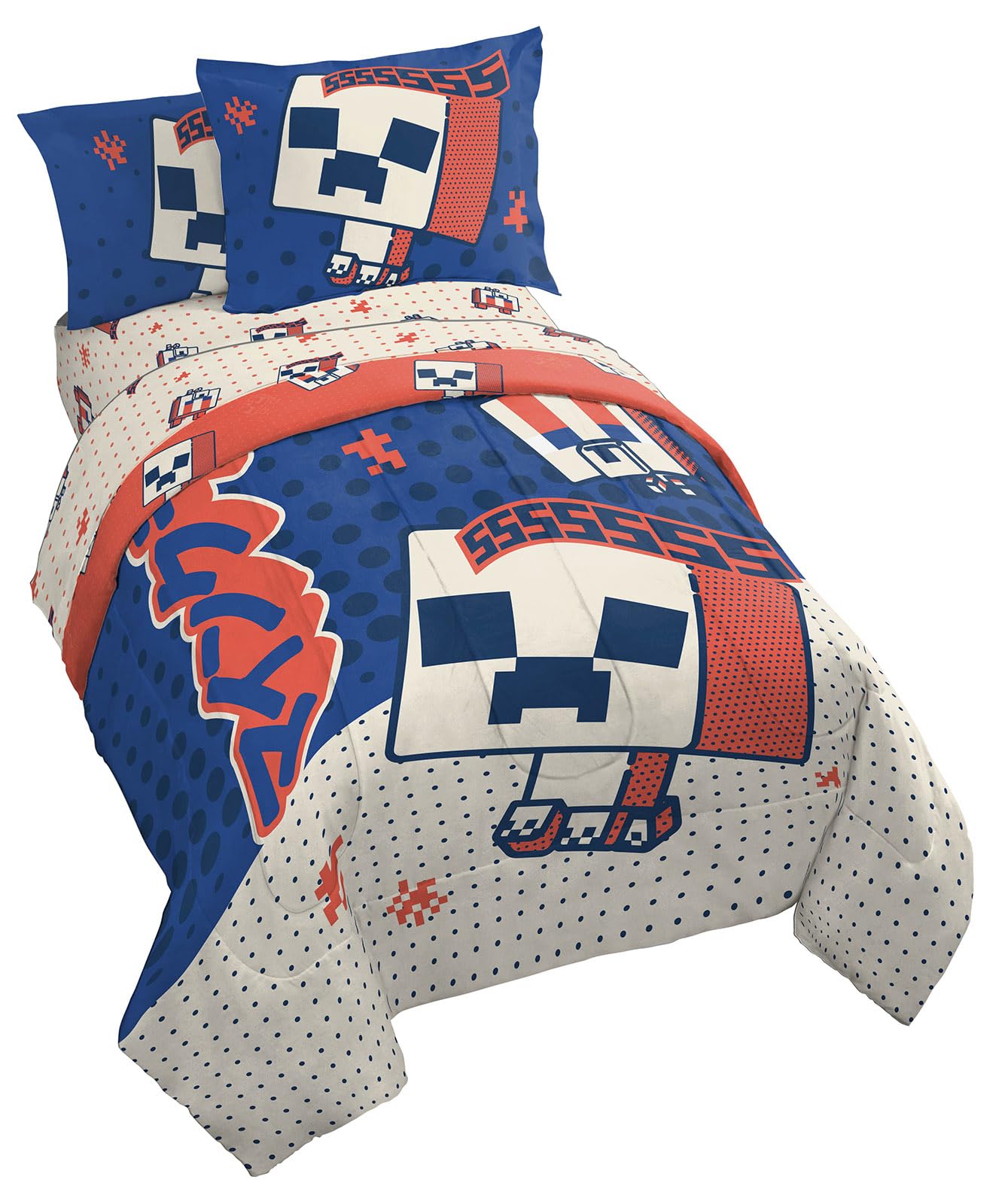 Jay Franco Minecraft Creeper Full Size Comforter Set - 7 Piece Bedding Includes Sheet Set & Pillow Covers - Super Soft Red & Blu