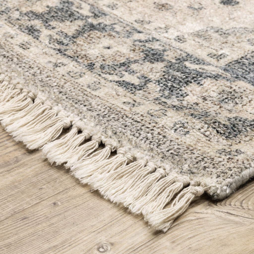 HomeRoots 509469 10 x 13 ft. Beige & Gray Oriental Hand Loomed Stain Resistant Rectangle Area Rug with Fringe