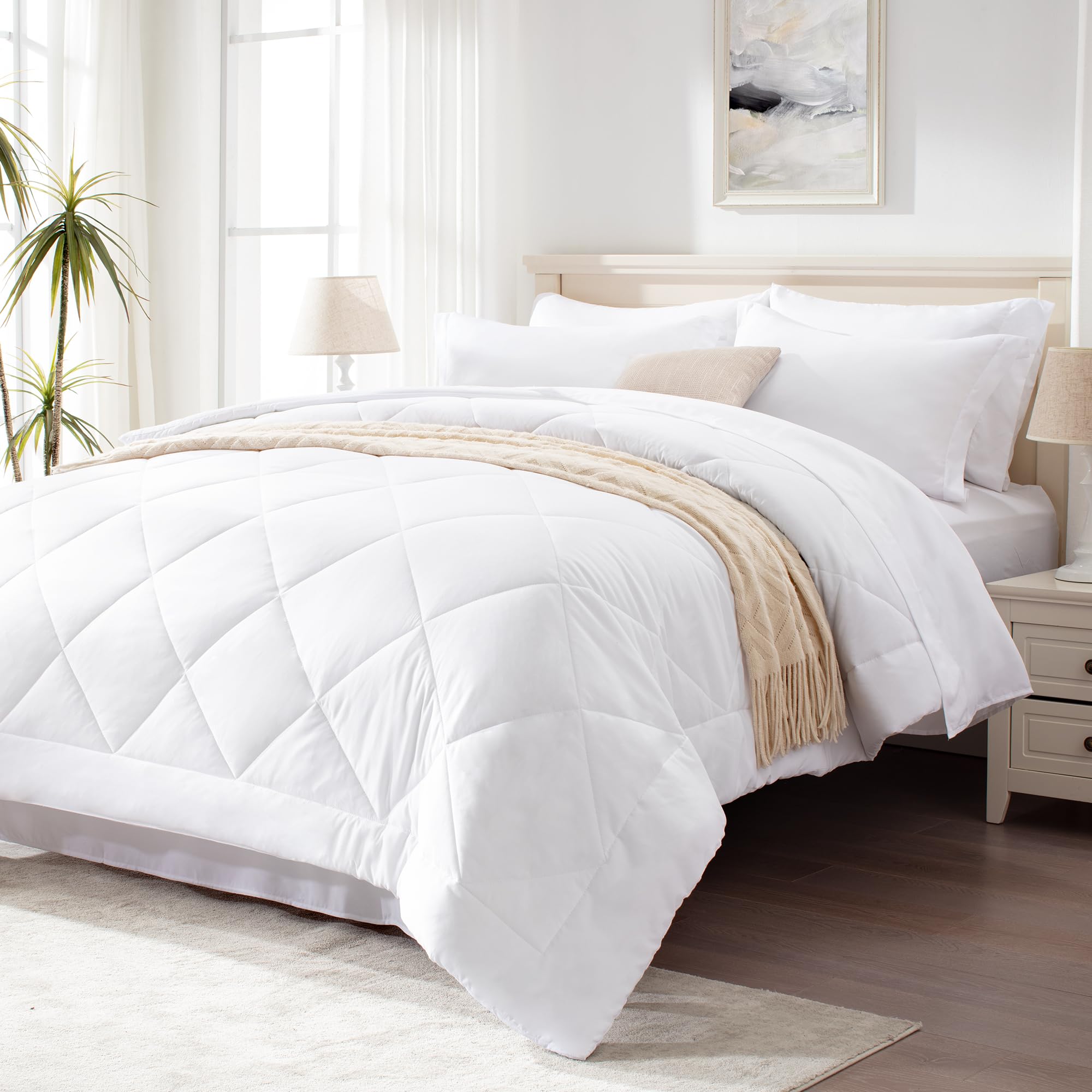 Love 'S Cabin Queen Comforter Set White, 7 Pieces Queen Bed In A Bag, All Season Queen Bedding Sets With 1 Comforter, 1 Flat She