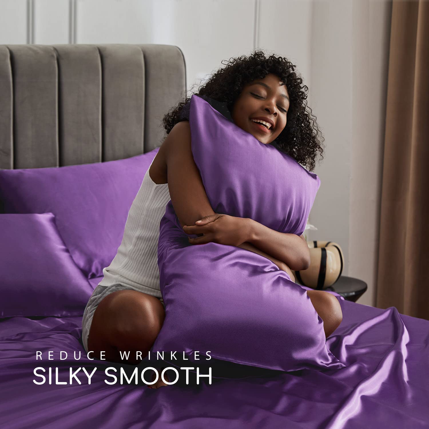 Mr&Hm Satin Bed Sheets, King Size Sheets Set, 4 Pcs Silky Bedding Set With 15 Inches Deep Pocket For Mattress (King, Lavender)