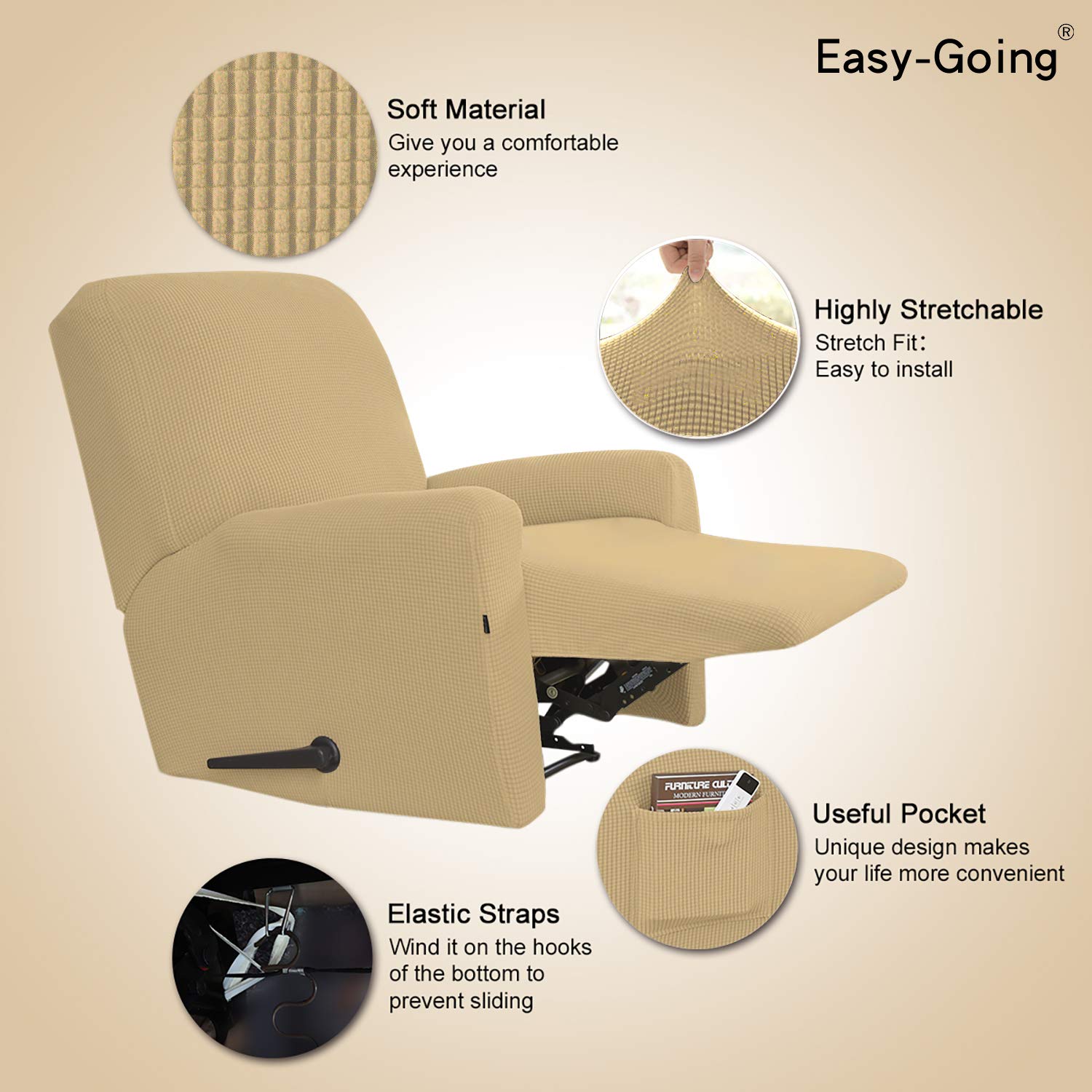 Easy-Going Recliner Stretch Sofa Slipcover Sofa Cover 4-Pieces Furniture Protector Couch Soft With Elastic Bottom Spandex Jacquard Fabric Small Checks(Large,Beige)