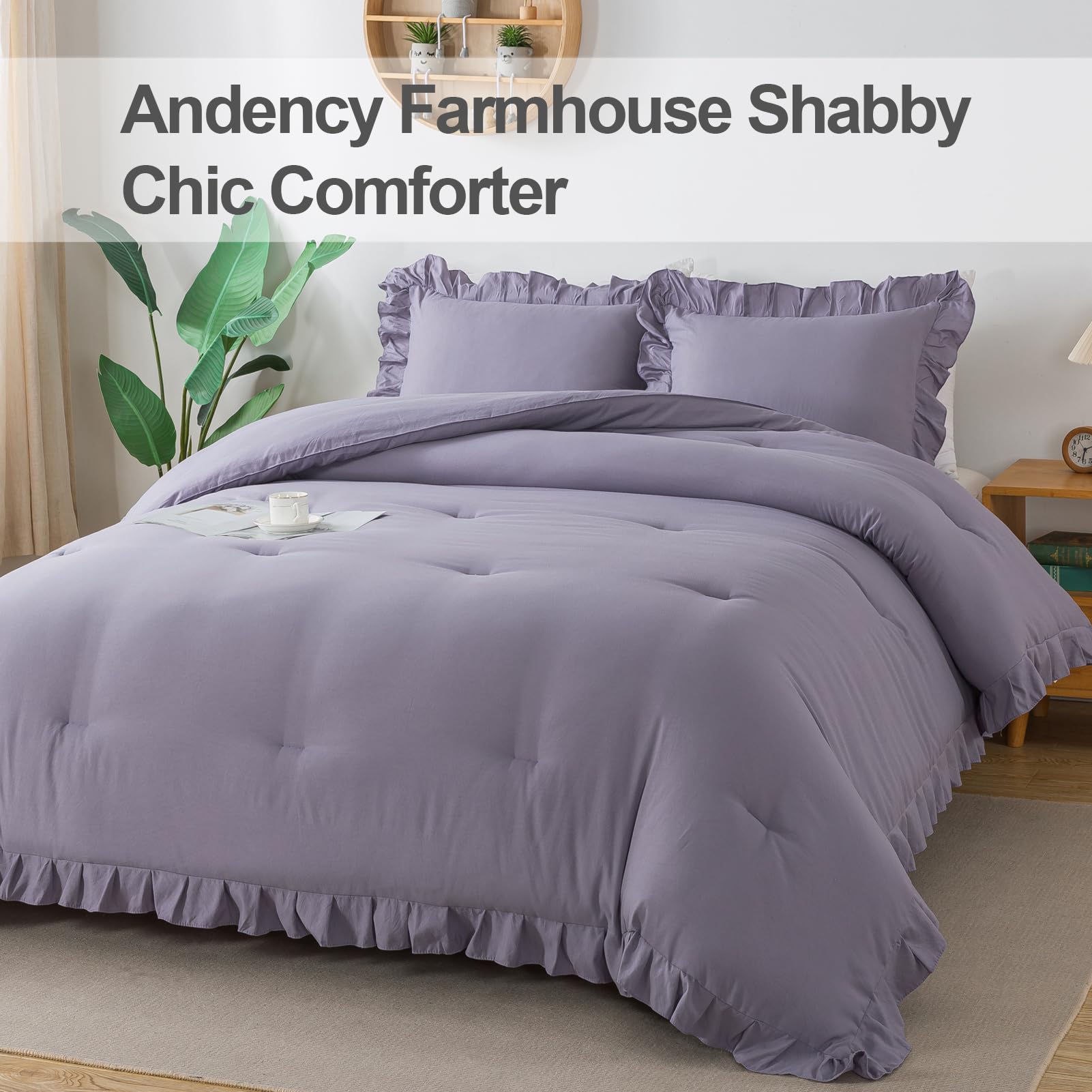 Andency Grayish Lavender Purple King Comforter Set, 3 Pieces Solid Ruffle Bedding Set & Collections, Lightweight Fluffy Soft Microfiber All Season Shabby Chic Bedding Set