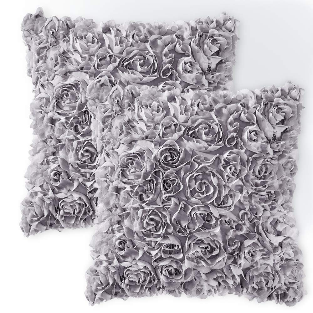 Miulee Pack Of 2 Decorative Romantic Stereo Chiffon Rose Flower Pillow Cover Solid Square Pillowcase For Sofa Bedroom Car 16X16