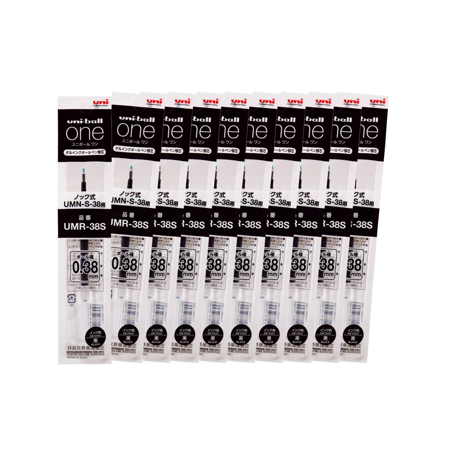 Mitsubishi Pencil Uni-Ball One Gel Ballpoint Pen Refill, 0.38, Black, 10 Pieces, Hako Umr38S.24