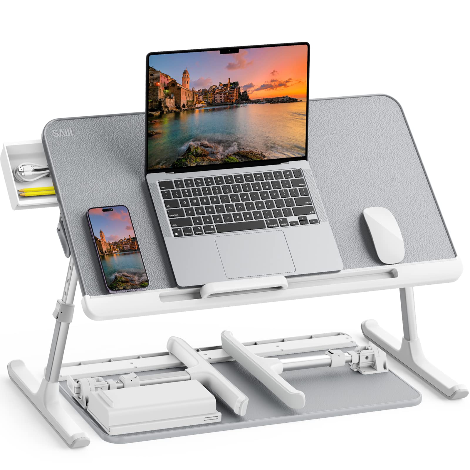 Saiji Laptop Bed Tray Table, Adjustable Pvc Leather Laptop Bed Table, Portable Standing Desk With Storage Drawer, Foldable Lap T