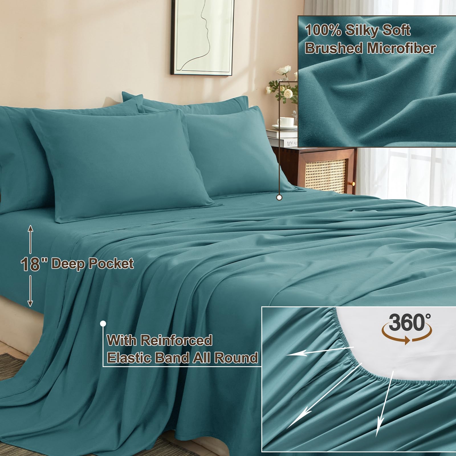 Phf 7 Pieces King Comforter Set, Bed In A Bag Comforter & 18' Sheet Set All Season, Ultra Soft Comfy Bedding Sets With Comforter, Sheets, Pillowcases & Shams, Teal Blue