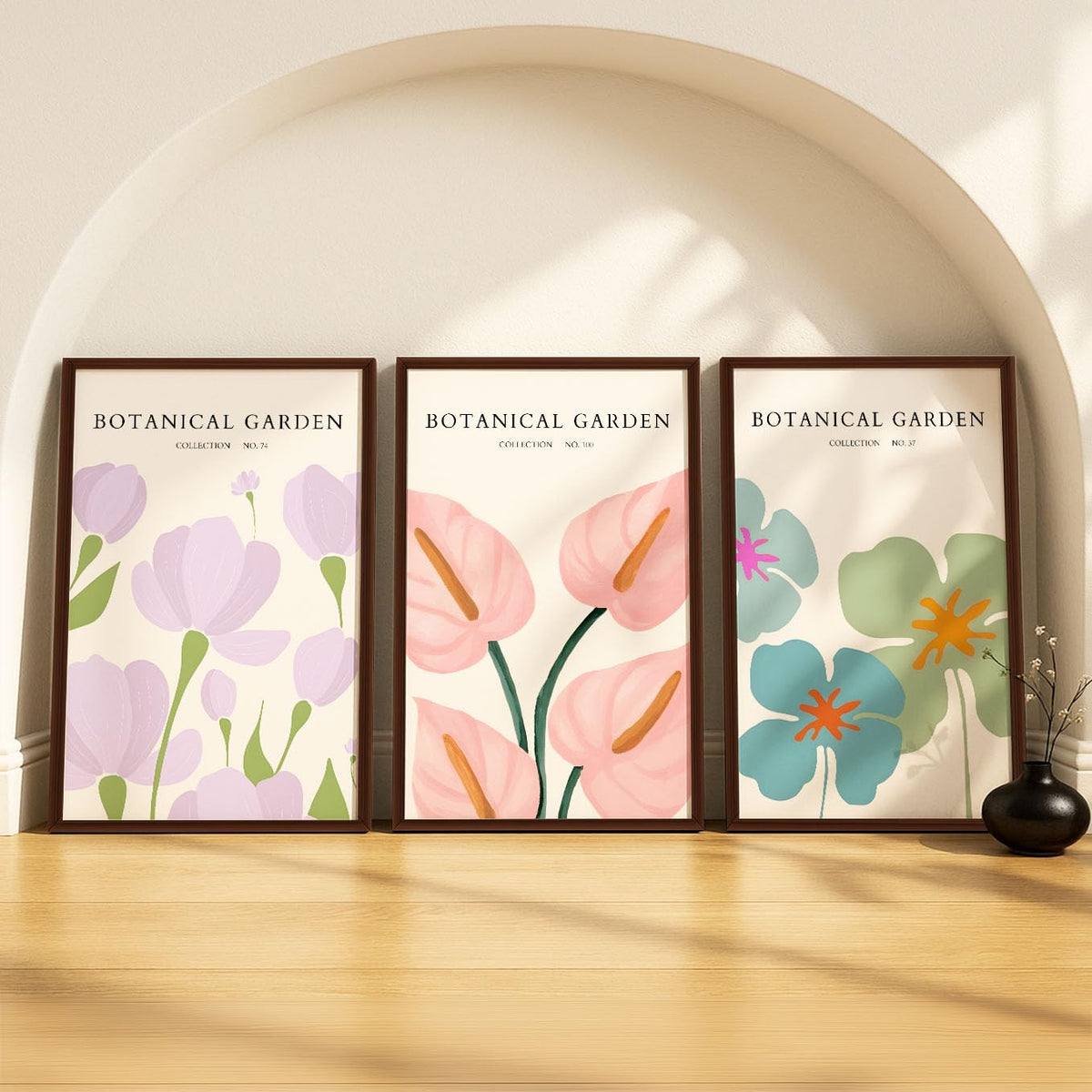 SoulAbiti Soft Botanical Study set of 3 Framed Wall Print 12x18 inch Dark Brown Frame PlexiGlass Floral Art ready to hang for l
